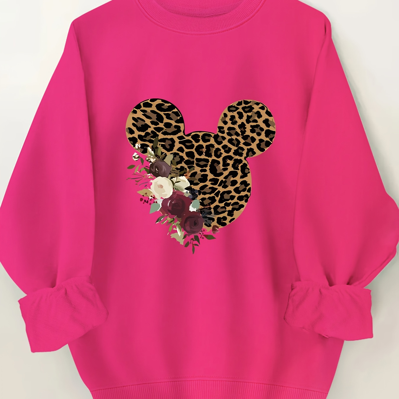 

Plus Size Leopard Floral Print Pullover Sweatshirt, Casual Long Sleeve Crew Neck Sweatshirt For Fall & Winter, Women's Plus Size Clothing