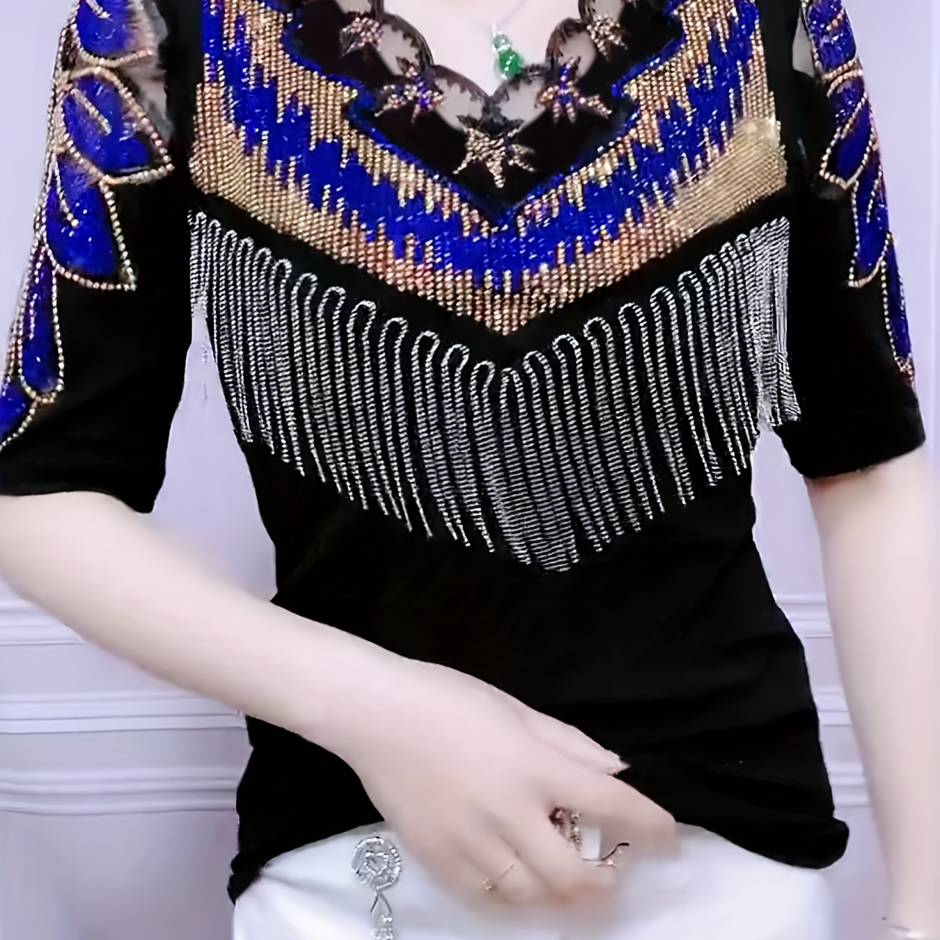 

Women' V-neck T-shirt With Rhinestone Tassel Detail, Stretch Fiber Knit Fabric, Short Sleeve Pullover Top, Plant Pattern, 95% Polyester 5% Spandex, 190g/m² - Black