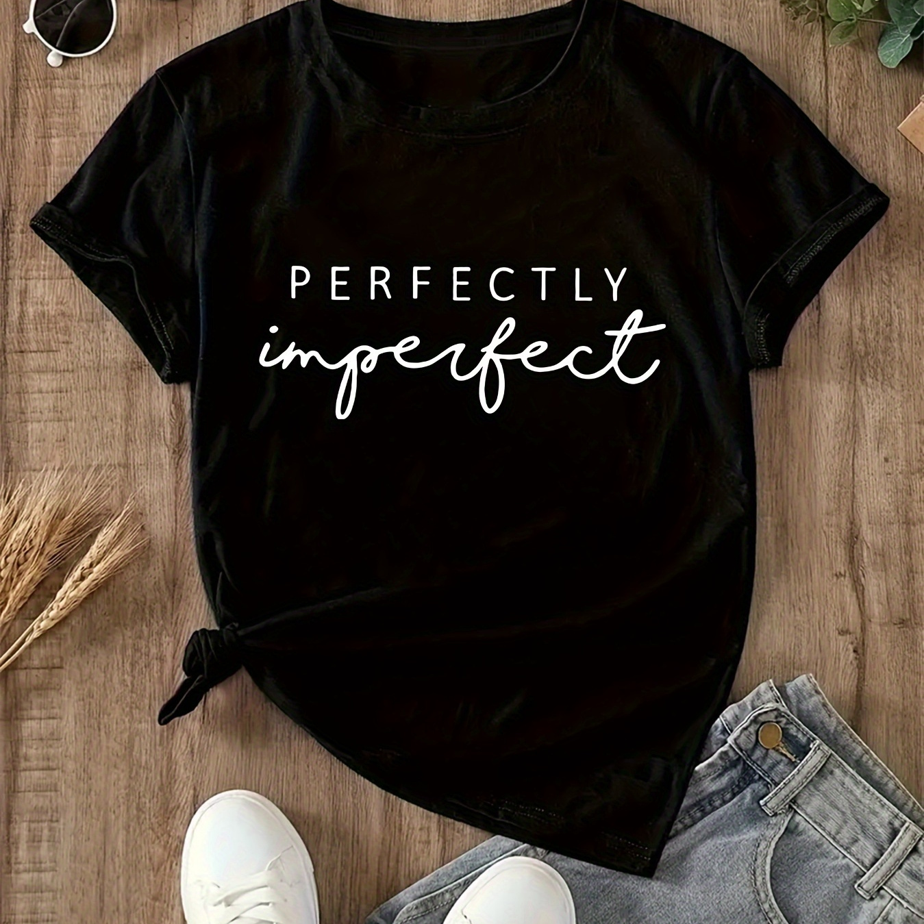 

Plus Size Perfectly Imperfect Print T-shirt, Casual Short Sleeve Crew Neck Top For Spring & Summer, Women's Plus Size Clothing