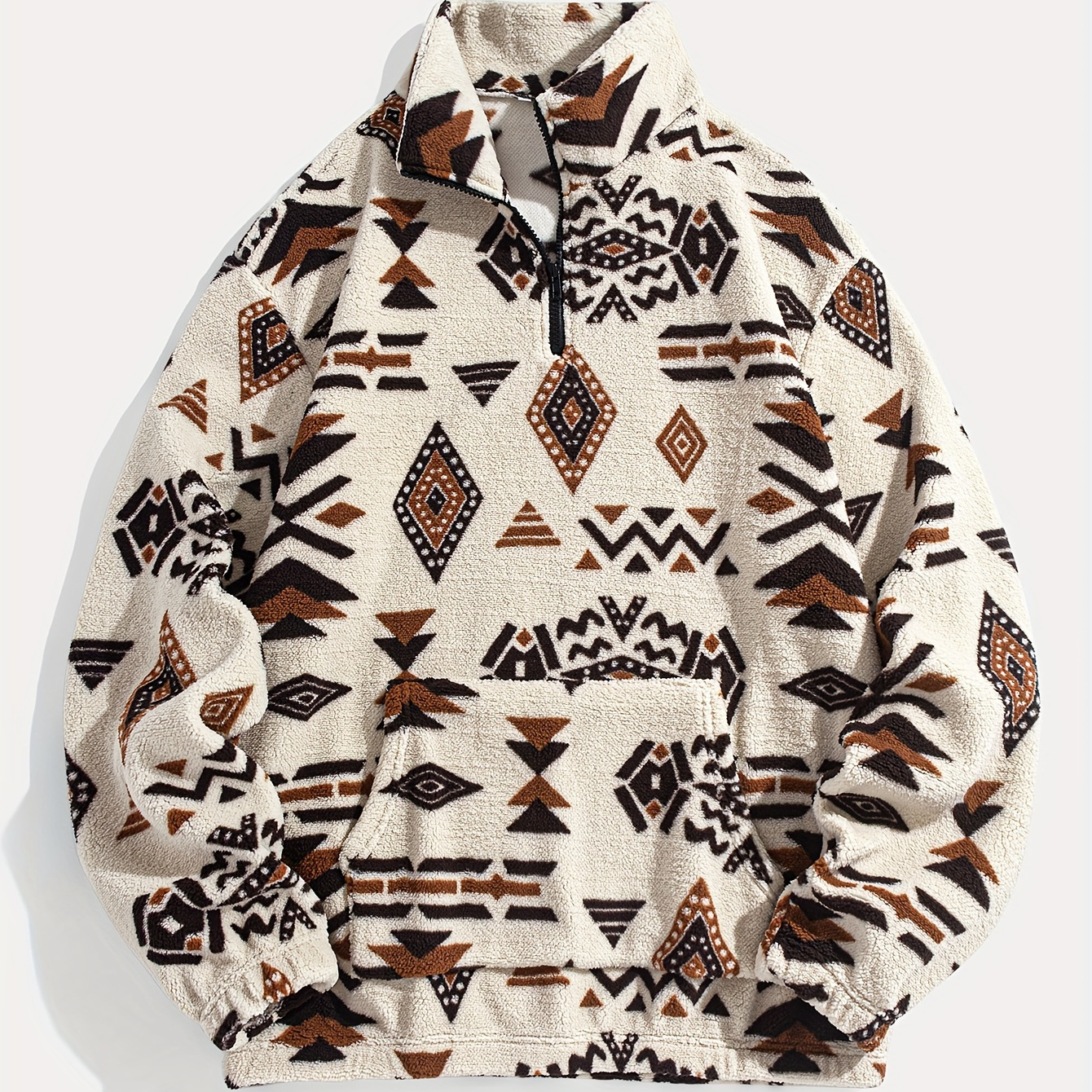 

Men's Loose Fleece Ethnic Sweatshirt, Casual Half Zipper Stand Collar Long Sleeve Top For Outdoor