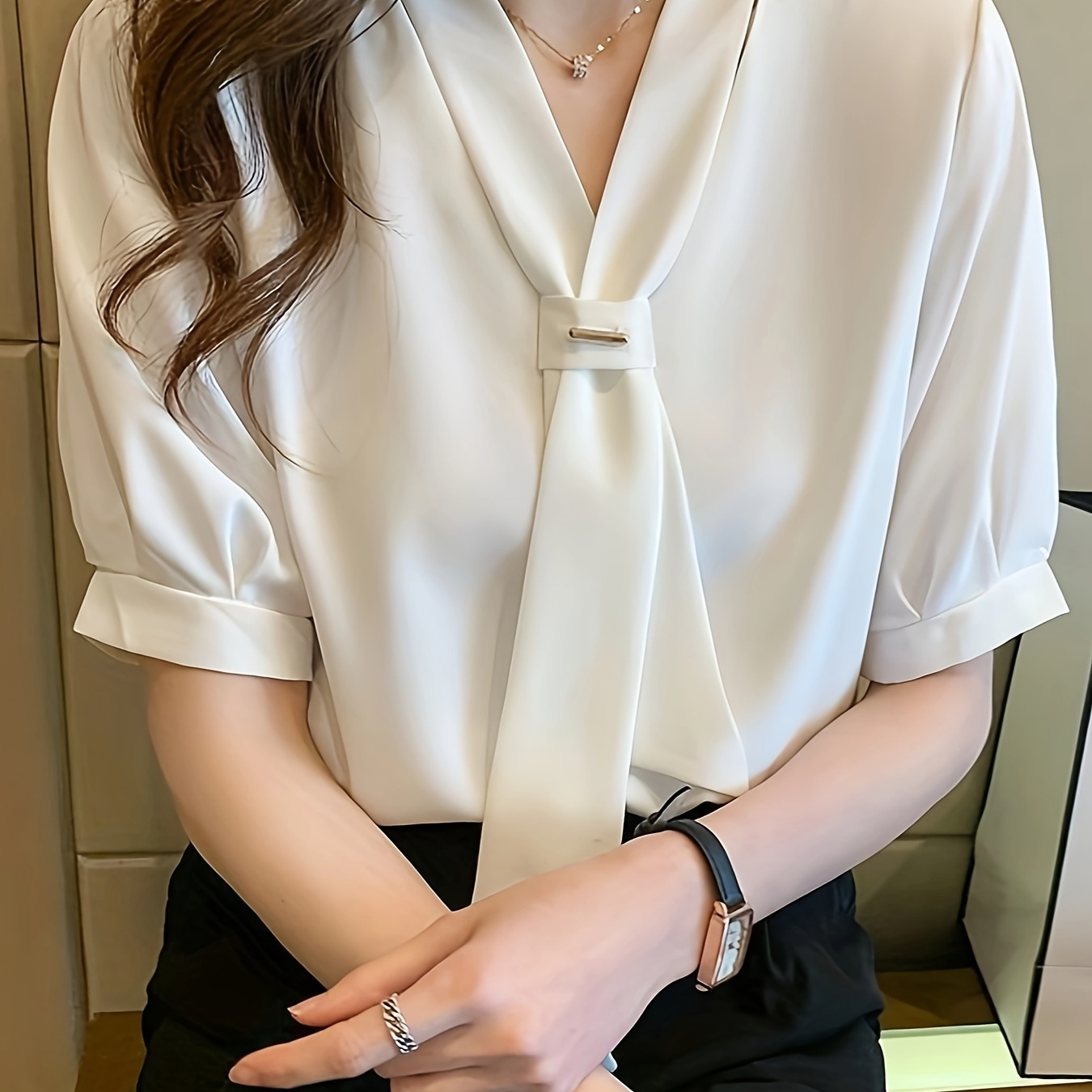

Solid Color Tie-neck Blouse, Chic Short Sleeve Blouse For Spring & Summer, Women's Clothing