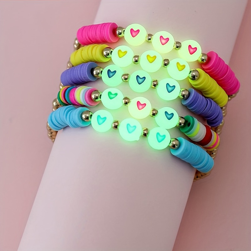 

5pcs Luminous Heart Bead Bracelet Set, Polymer Clay Bead Bracelet Accessories, Ideal Choice For Gifts