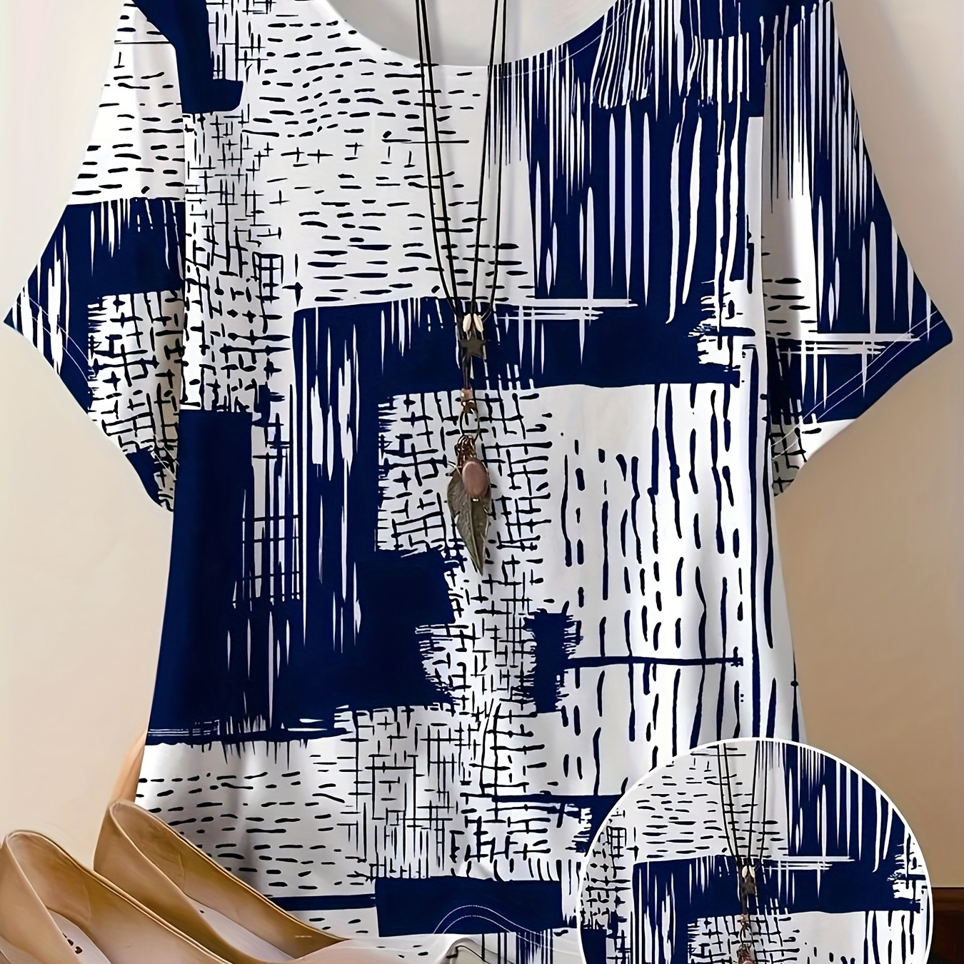 

Women's Plus Size Casual V-neck T-shirt With Unique Patchwork Print, Short Sleeve, Stretch Fabric - Machine Washable