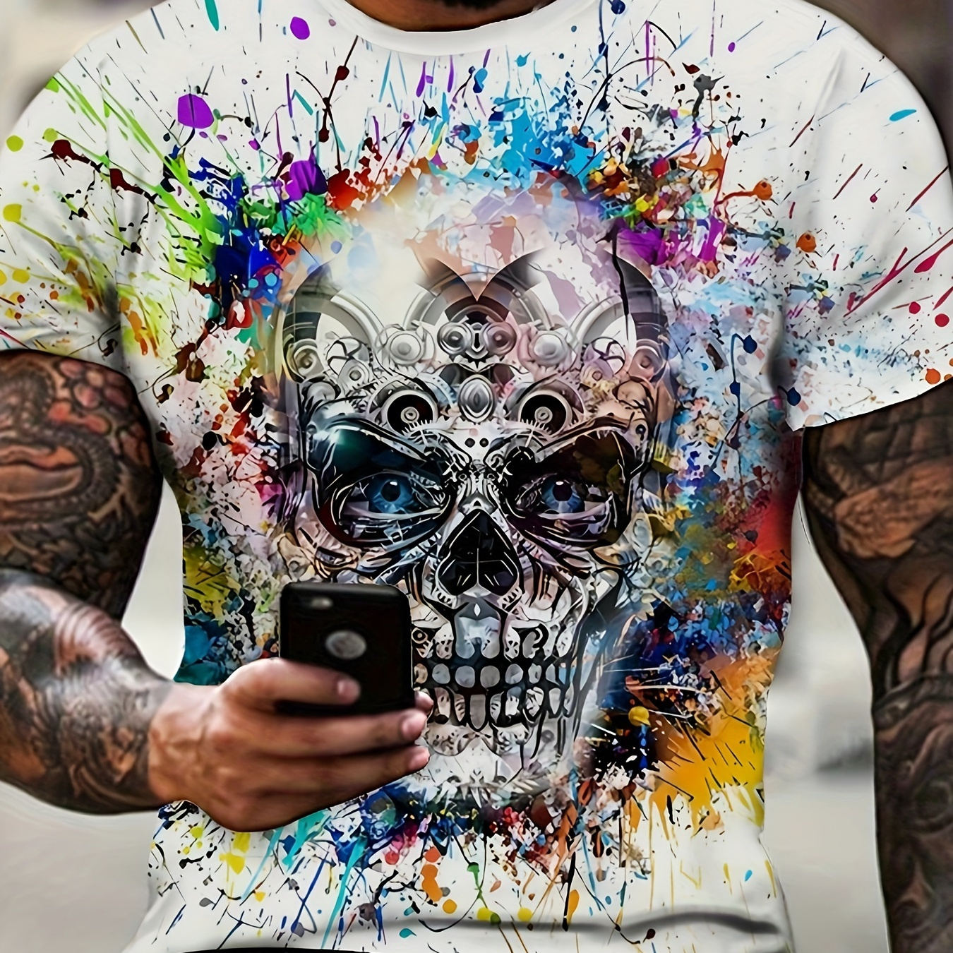 

Plus Size Skull With Colorful Splashed Paint Graphic Print, Men's Crew Neck T-shirts With Short Sleeves, Loose Shirts For Exercise, Men's Clothing