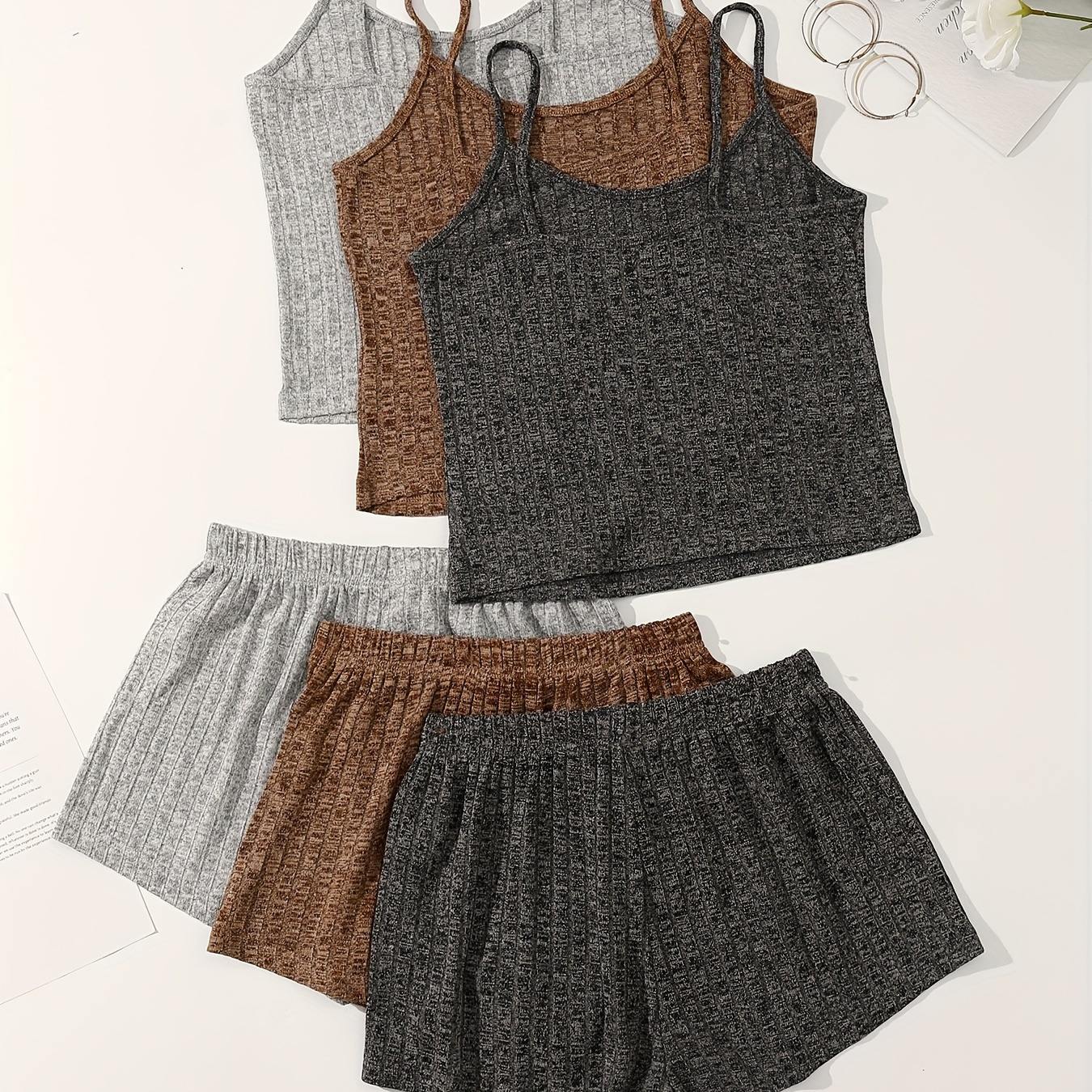 TEMU 3 Sets Solid Ribbed Lounge Set, Casual Round Neck Backless Cami Top & Drawstring Shorts, Women's Loungewear