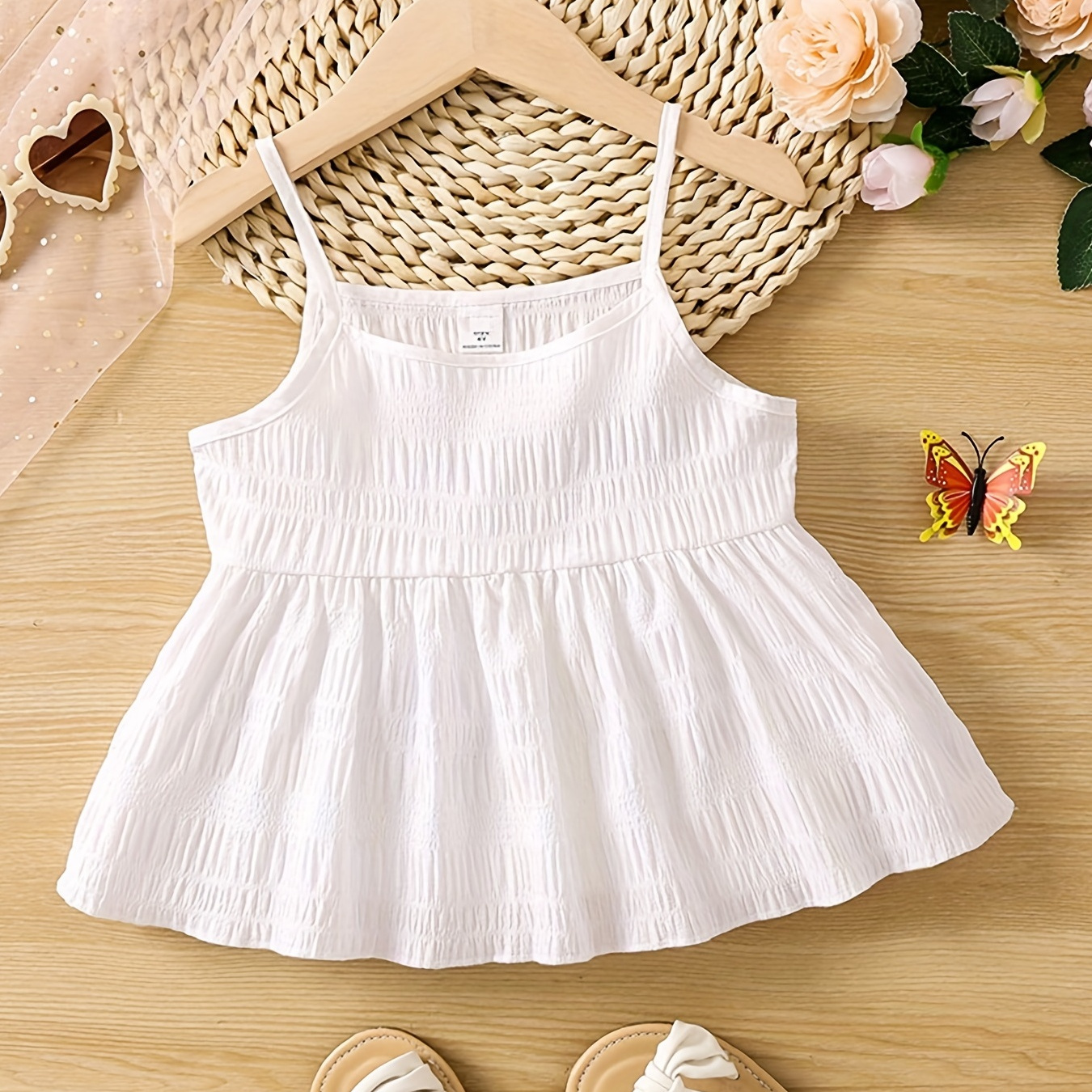 2pcs Toddler Girls Stylish Ruffle Camisole Crop Top & Floral Mesh Puff  Skirt Set, Babies Kids Summer Cute Outfits Clothes