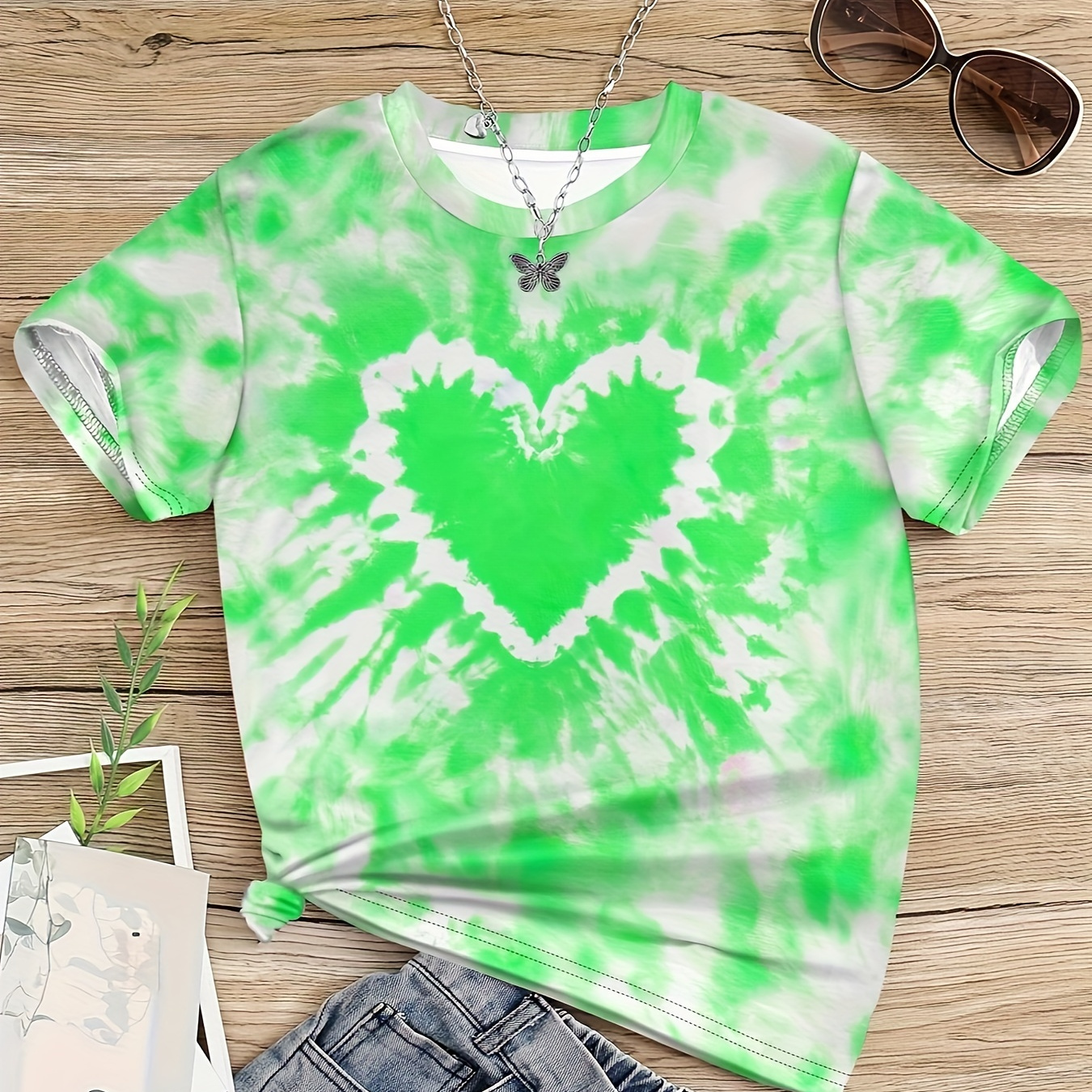 

Girls Stylish Tie Dye Heart Graphic T-shirt Short Sleeve Spring Summer Top For 3-12y