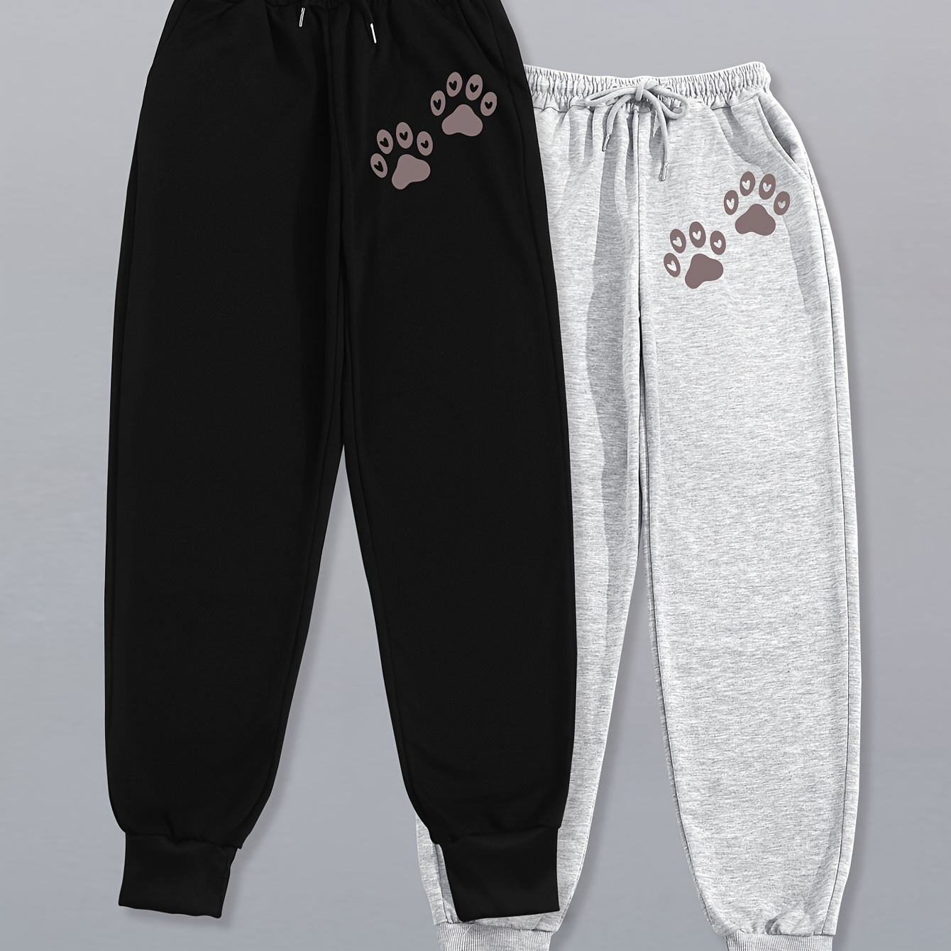 

Dog Paw Print Sweatpants 2 Pack, Drawstring Waist Casual Jogger Shorts For Spring & Fall, Women's Clothing