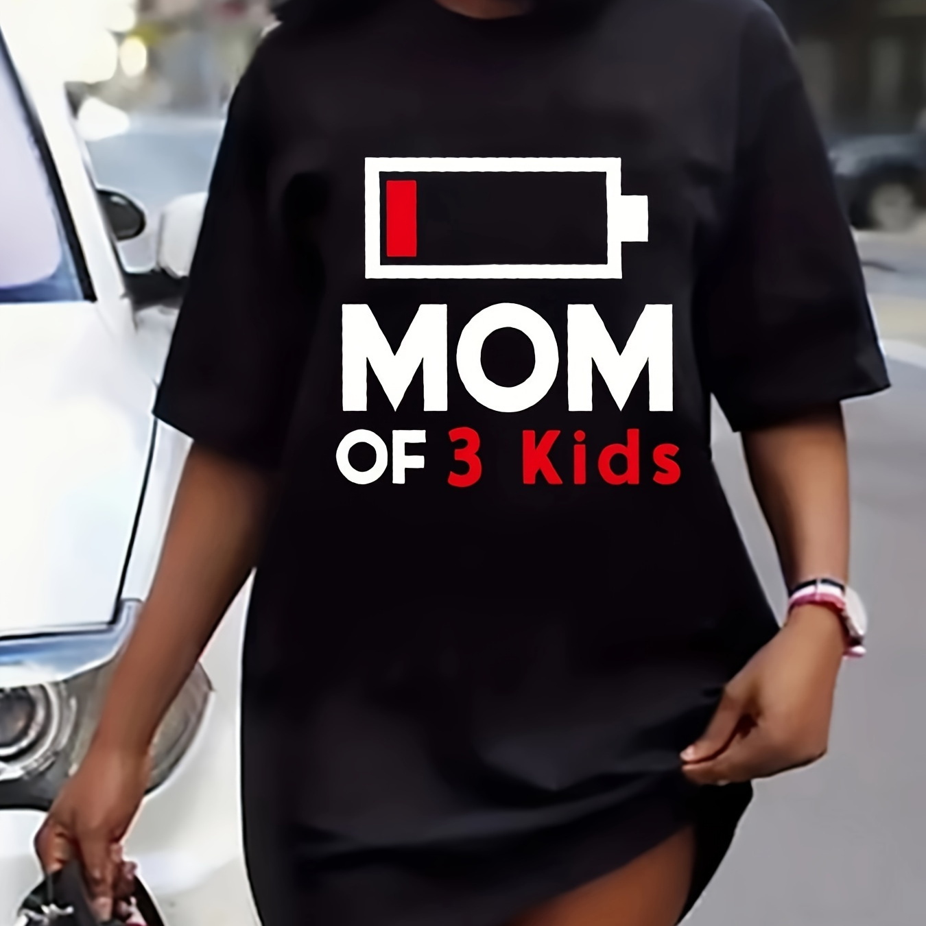 

Mom Of 3 Kids Print Tee Dress, Short Sleeve Crew Neck Casual Dress For Summer & Spring, Women's Clothing