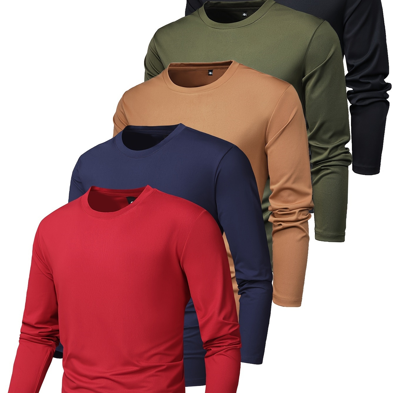 

Men's 5pcs Set Of Solid Color Crew Neck Long Sleeve T-shirts, Casual And Chic Sports Tops For Spring And Autumn Jogging Fitness And Outdoors Sports Wear