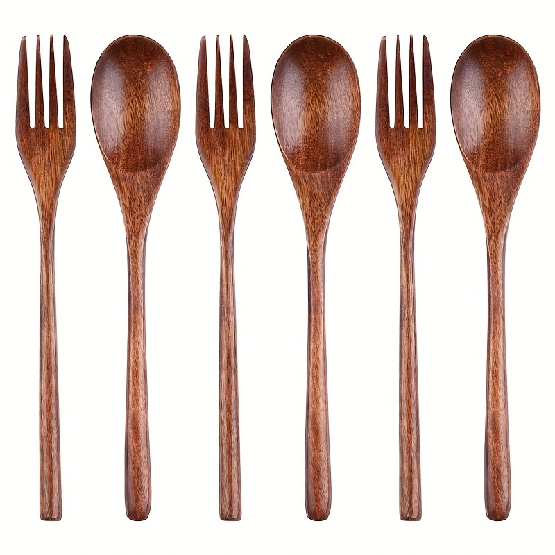 

6 Pcs Wooden Spoons And Forks, 9" Korean Style Wooden Tableware, Kitchen Flatware For Food, Desserts, Soup, Salad, Fruit, Wood Cutlery For Travel