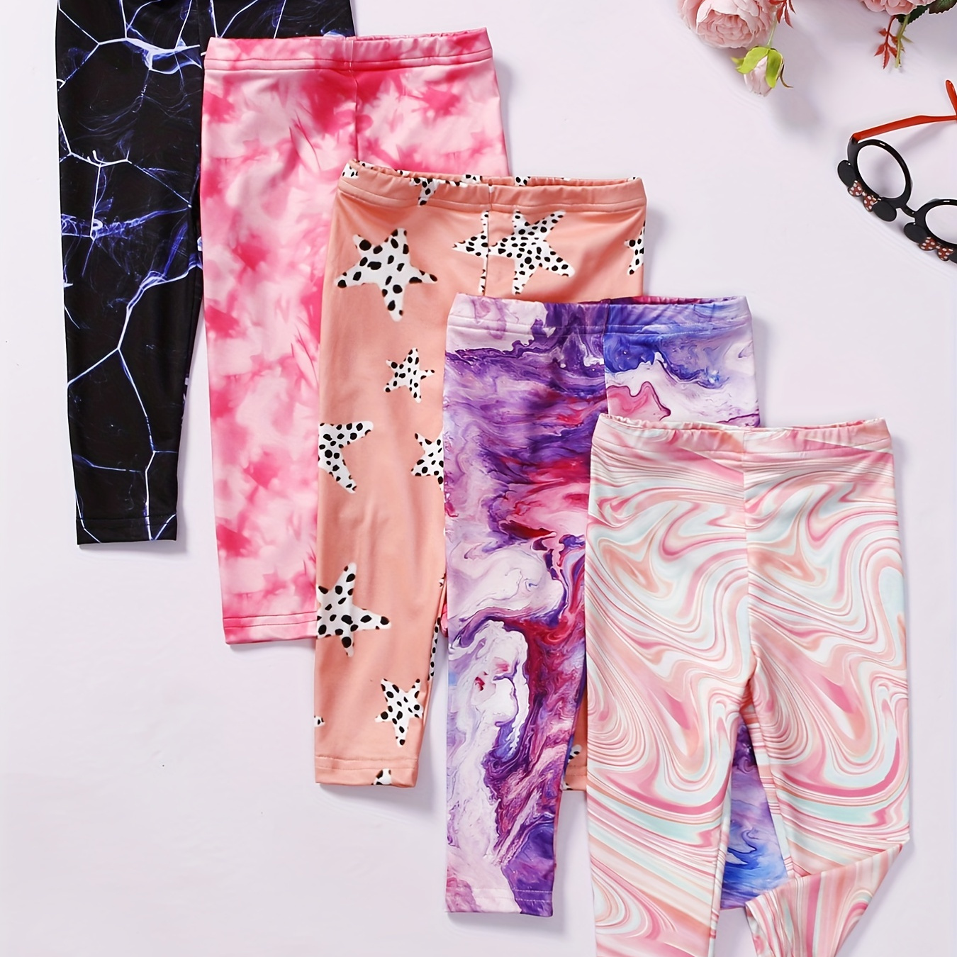 

5pcs Girls' Stretch Tie Dye Footless Legging Pants Elastic Waist Pants For A Fashionable Look