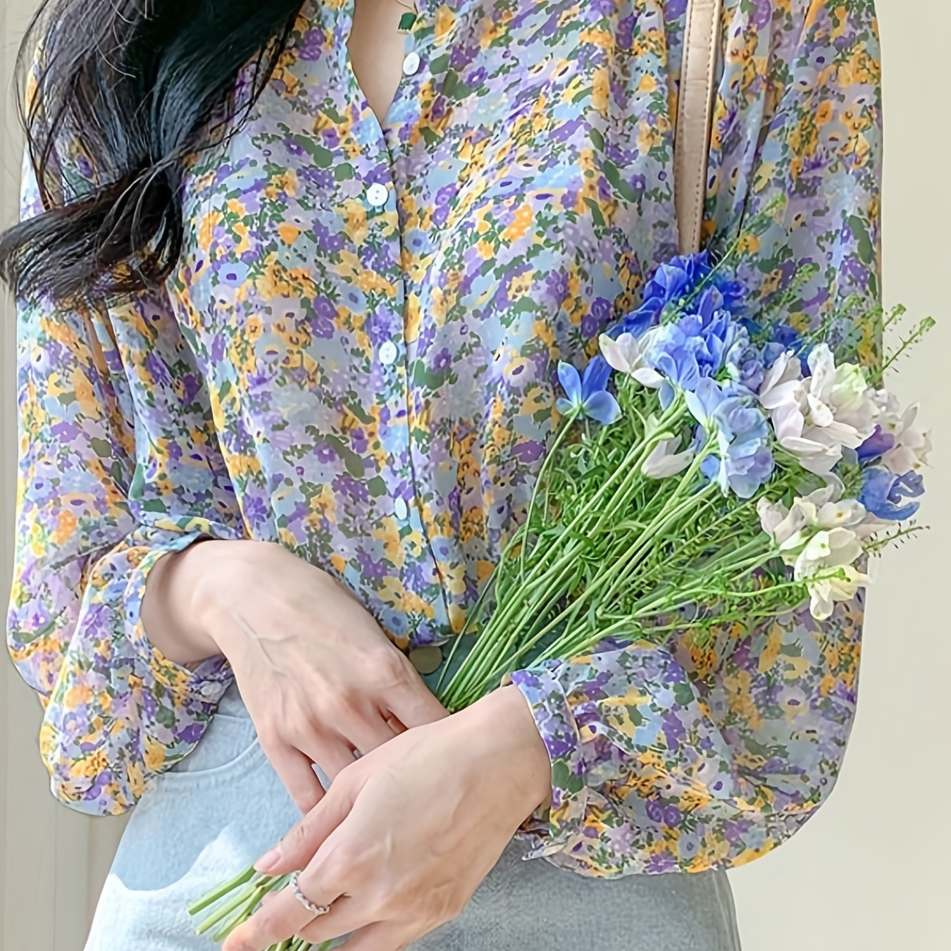 

Floral Print Button Front Blouse, Casual Long Sleeve Blouse For Spring & Fall, Women's Clothing