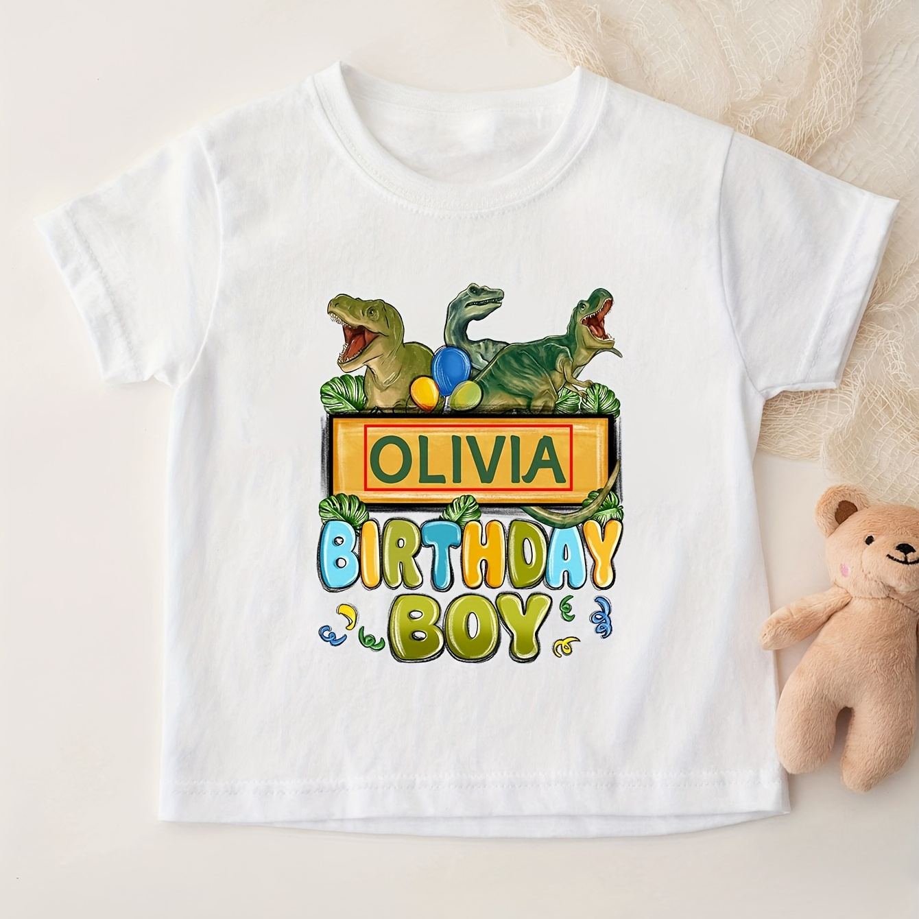 

Boys Cotton Short Sleeve T-shirt Birthday Boy......name Customization And Dinosaur Pattern Print Casual Versatile Round Neck T-shirt