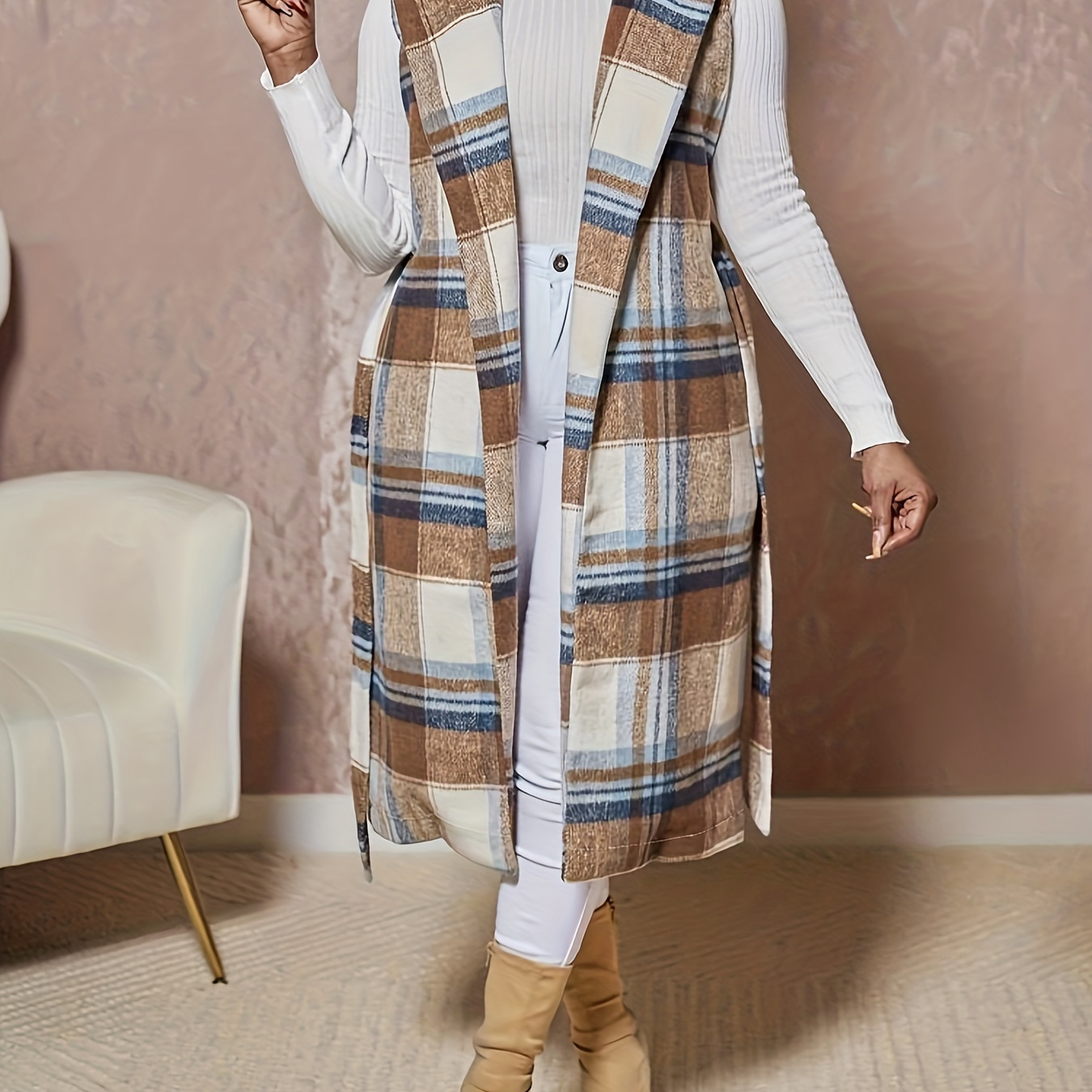 

Plaid Print Long Length Sleeveless Jacket, Casual Lapel Open Front Outerwear, Women's Clothing