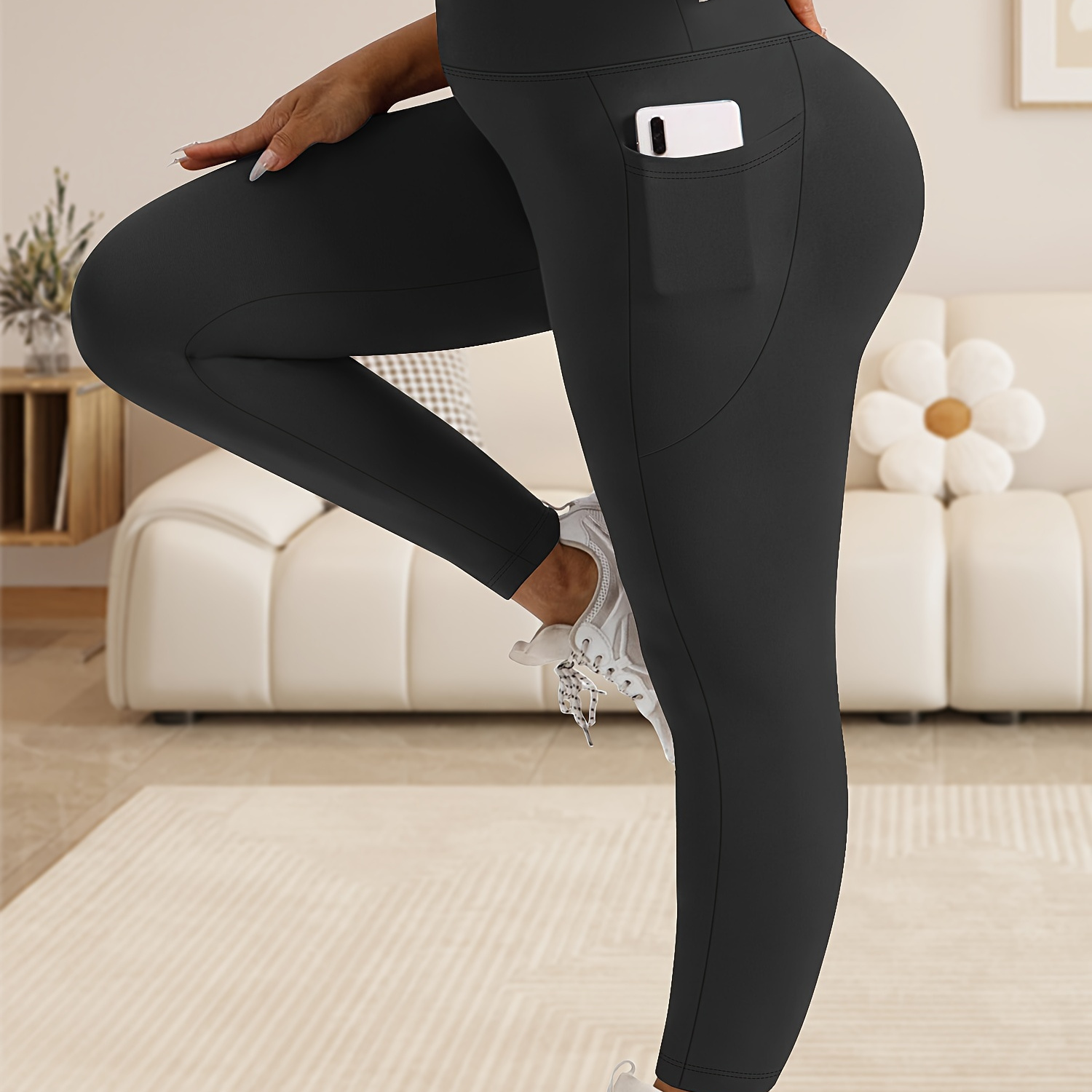 

Women's Plus Size High Waist Tummy Control Leggings With Pockets, 88% Polyester 12% Elastane, , Solid Color, Knit Fabric, 200g/m², Athletic Yoga Pants For Running & Fitness