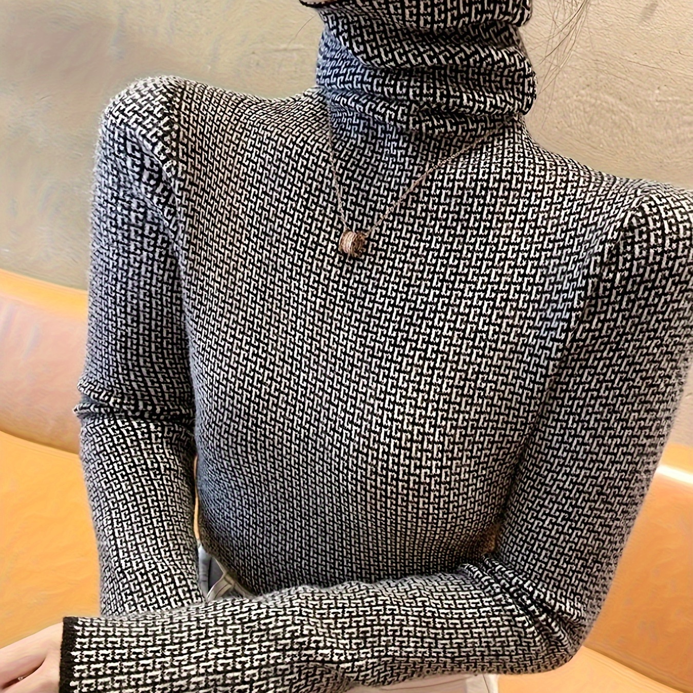 

Elegant Turtleneck Sweater For Women - Cozy Knit, Geometric Pattern, Machine Washable - Fall/winter, For Winter, Autumn, Spring