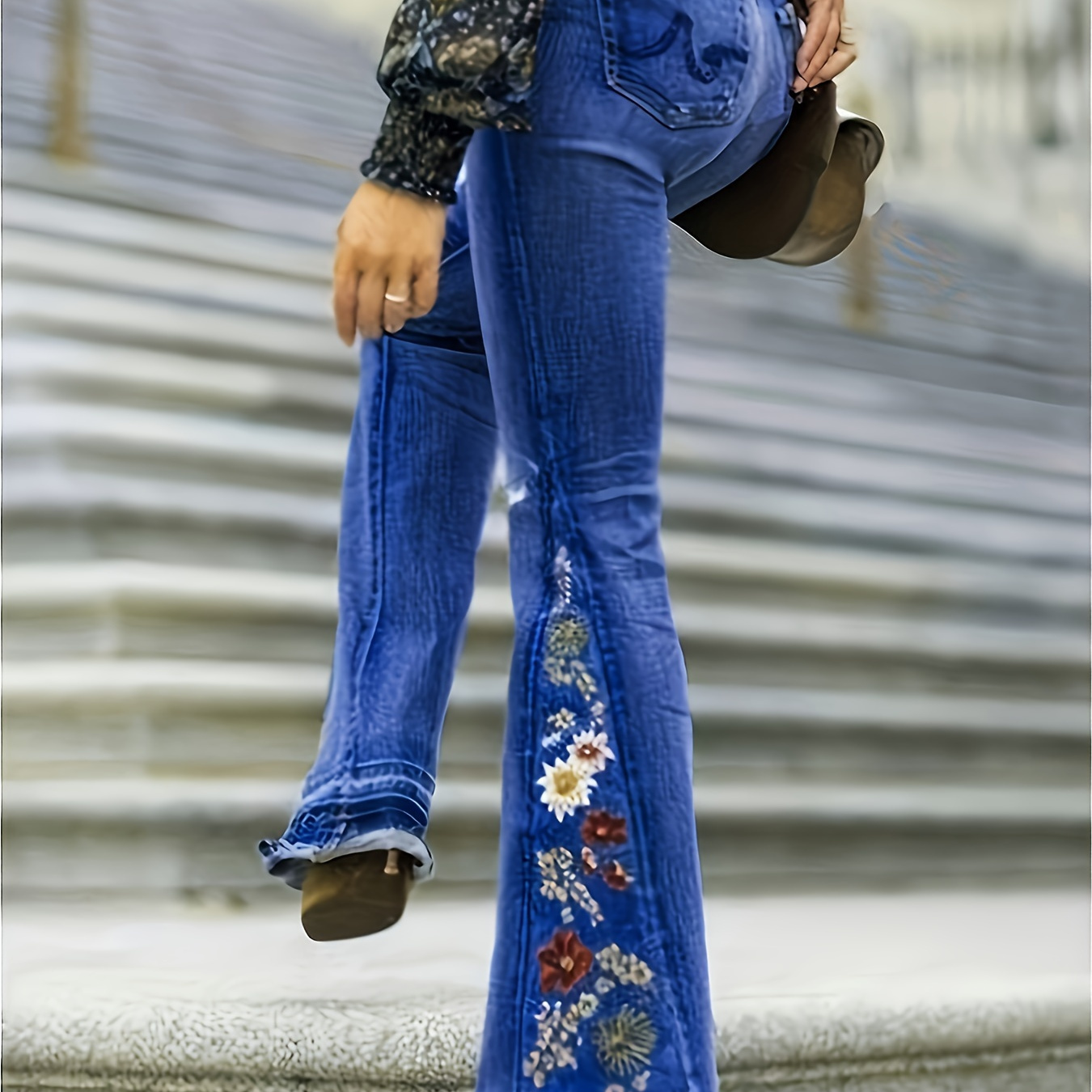 

Women's Flared Bell Bottom Jeans, Full Length Denim With Embroidered Pocket, Stretchy High Waist, Fashion Streetwear, Casual Style, Blue For Summer & Fall