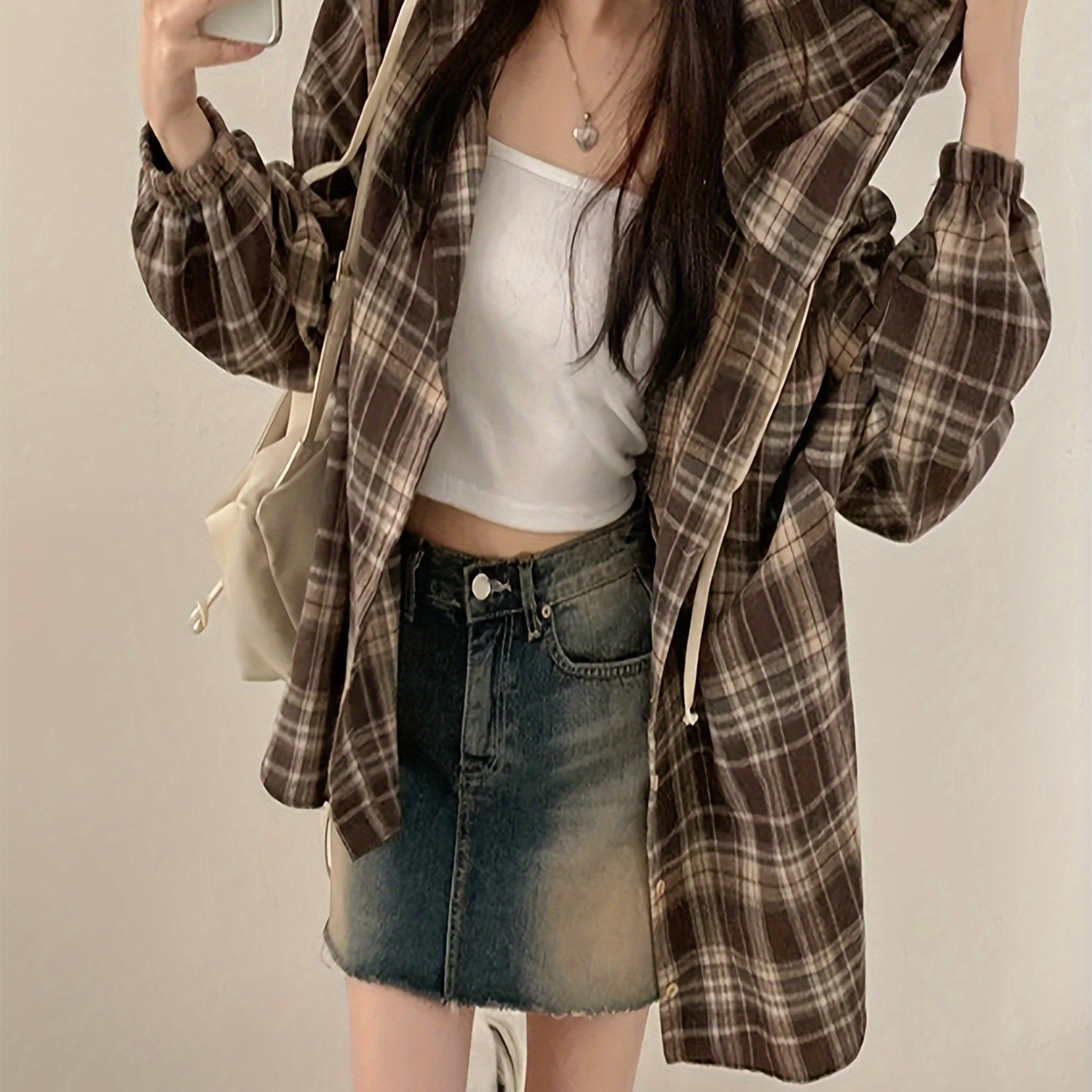 

Casual Plaid Hooded Shirt For Women - Cotton Blend 50% Cotton 50% Polyester, Long Sleeve Drop Shoulder - Loose Fit Woven Hoodie For Spring/fall -