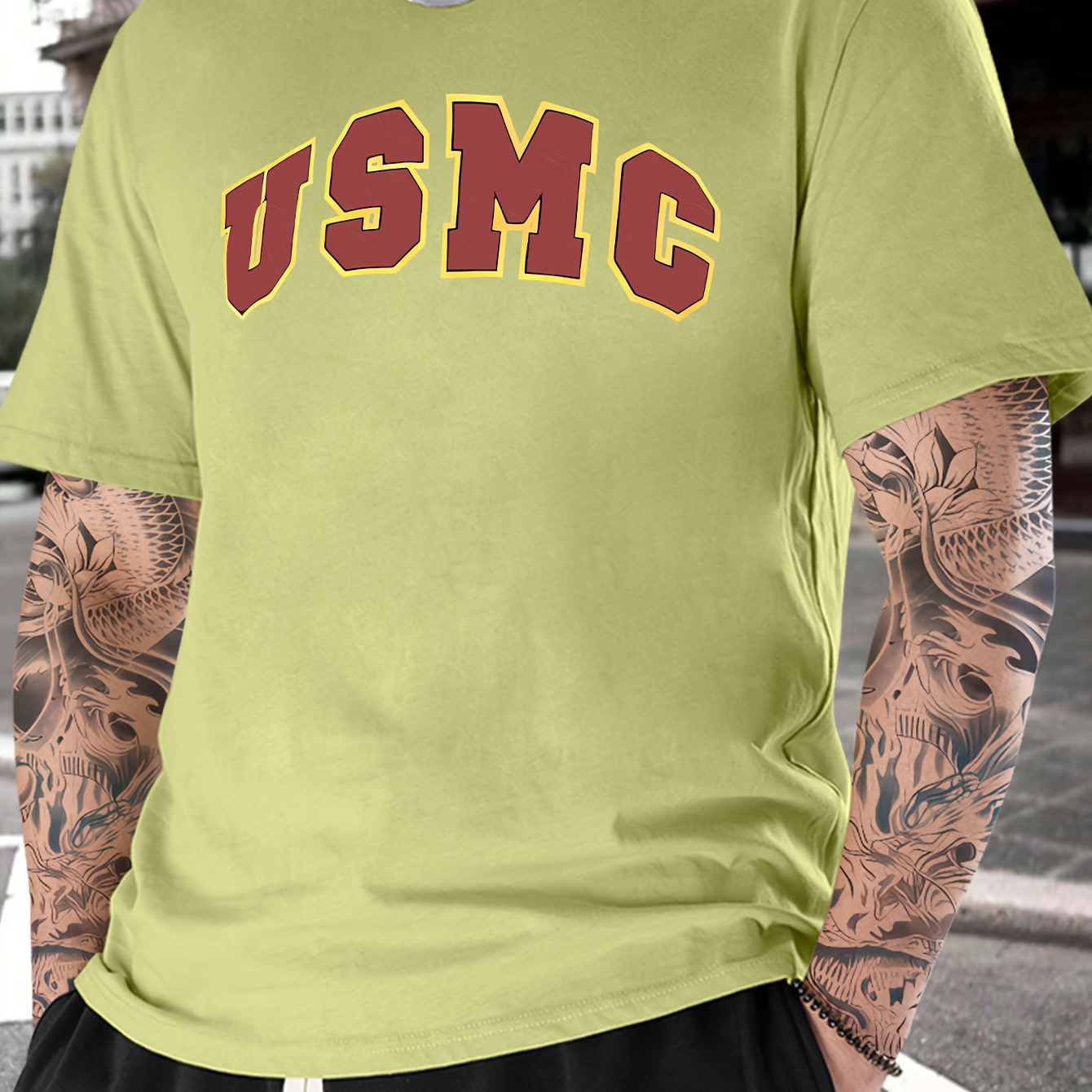 

Creative Usmc Print T-shirt, Versatile & Breathable Street , Simple Lightweight Comfy Cotton Top, Casual Crew Neck Short Sleeve T-shirt For Summer
