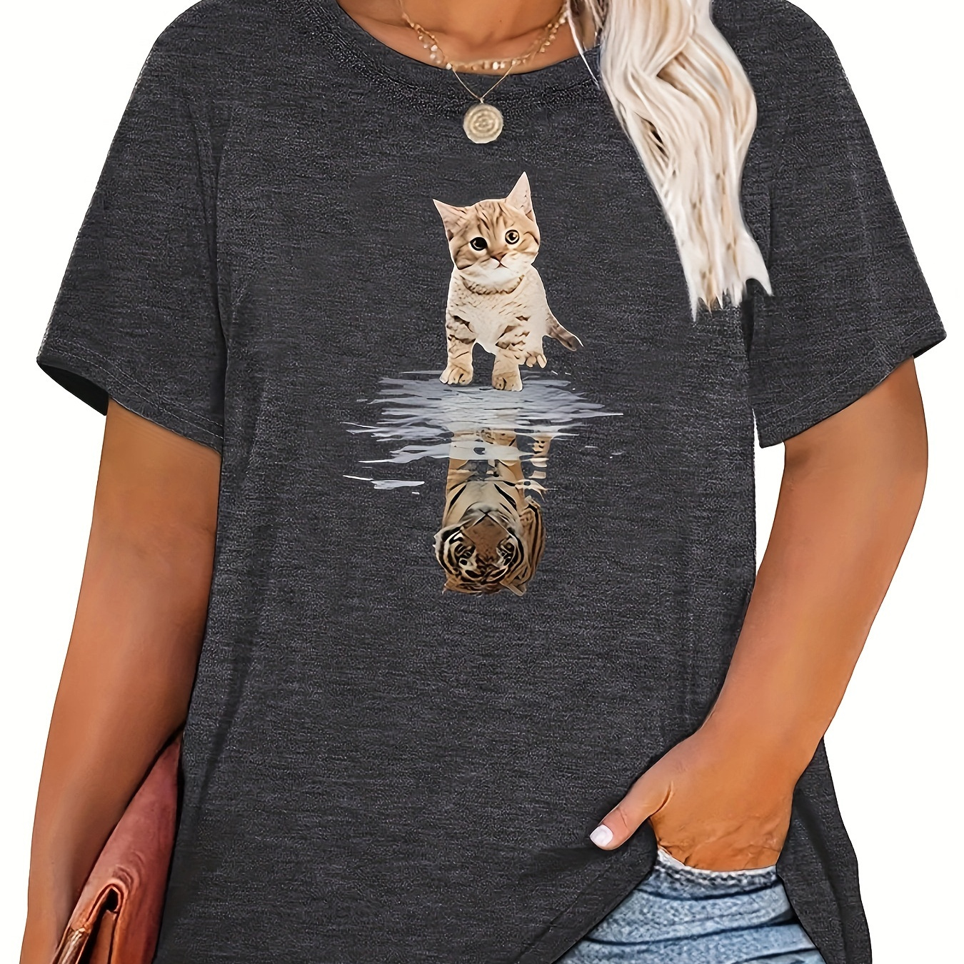 

Plus Size Cat Print T-shirt, Casual Crew Neck Short Sleeve T-shirt, Women's Plus Size clothing