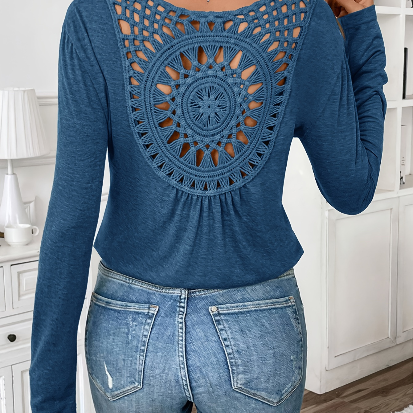 

Women's Elegant Long Sleeve T-shirt With Lace Back Detail - Polyester Knit Fabric, Solid Color, Crew Neck, Regular Length, Fall/winter Collection