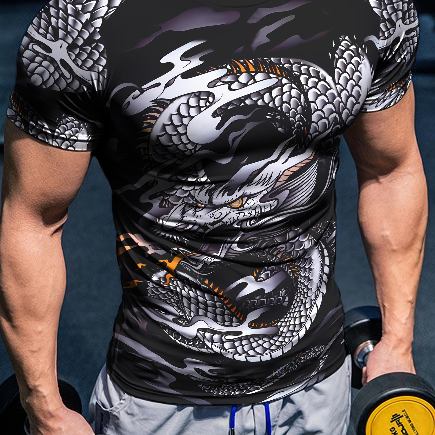 

Men's Quick-dry Athletic T-shirt - High Stretch, Breathable Fitness Tee With 3d Dragon Design For Gym & Outdoor Activities