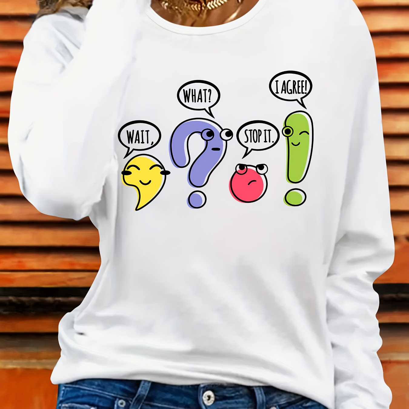 

Cartoon Punctuation Crew Neck Long Sleeve T-shirt - 100% Polyester Knit Fabric With Medium Stretch, Casual Style Tops