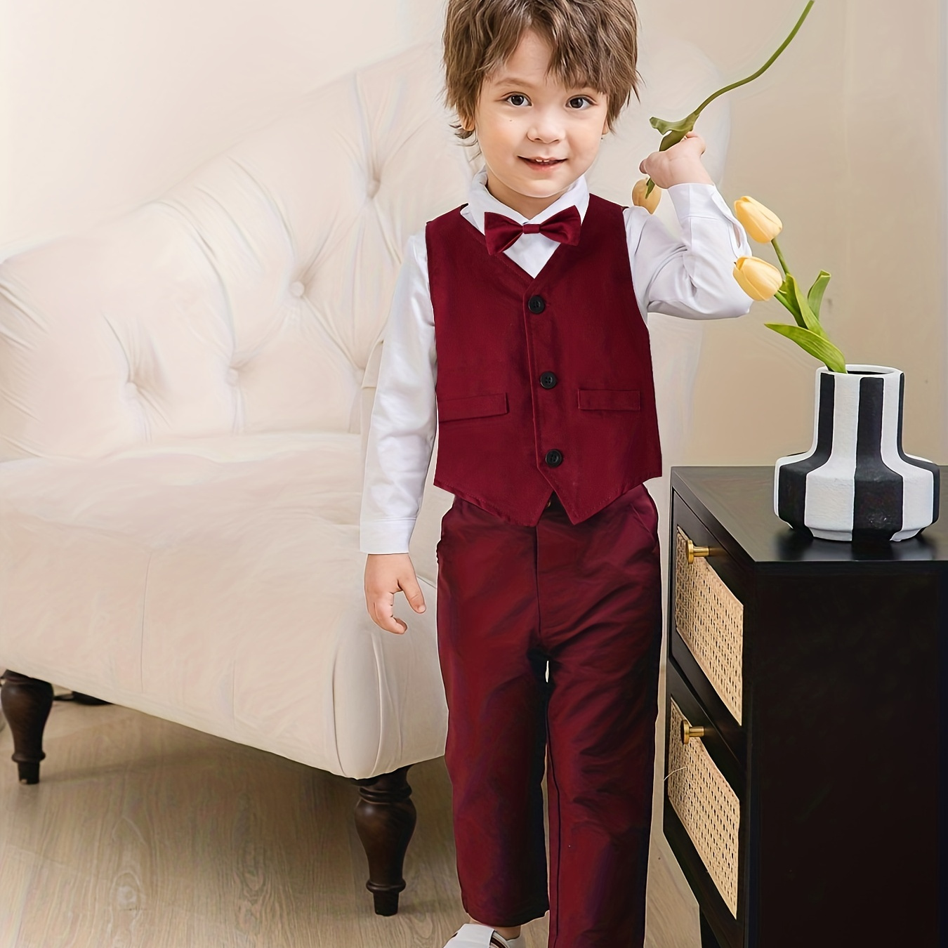 Baby Boys Gentleman Outfit Formal Suit Long Sleeve Shirt & Vest & Pants With Bow Clothes Set