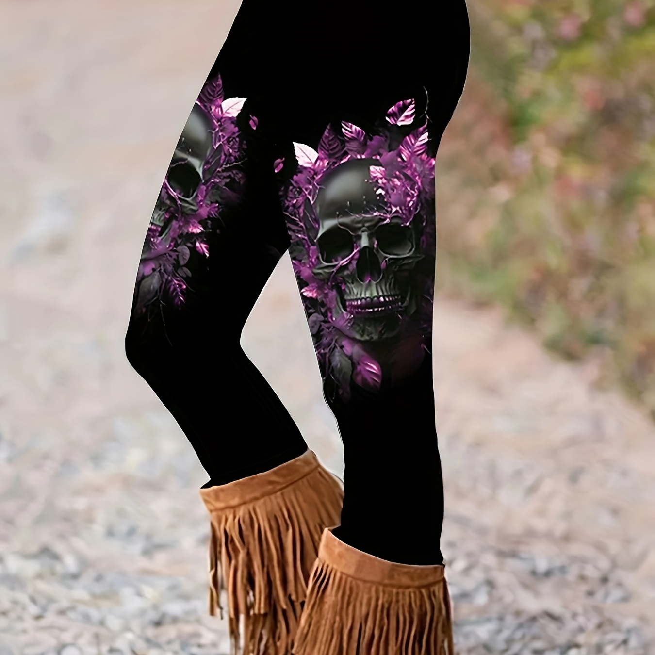 

Elegant Women's Skinny Leggings With Unique Floral & Skull Print - Stretchy Polyester , Machine Washable - All , Daerling, Fashion, Bottom