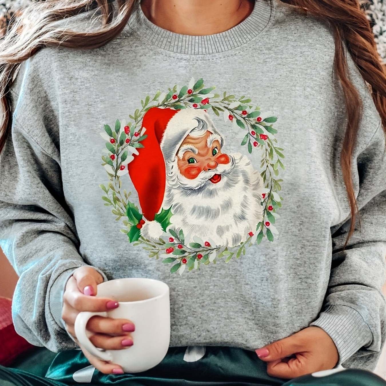 

Christmas Santa Claus Print Sweatshirt, Casual Long Sleeve Crew Neck Sweatshirt, Women's Clothing
