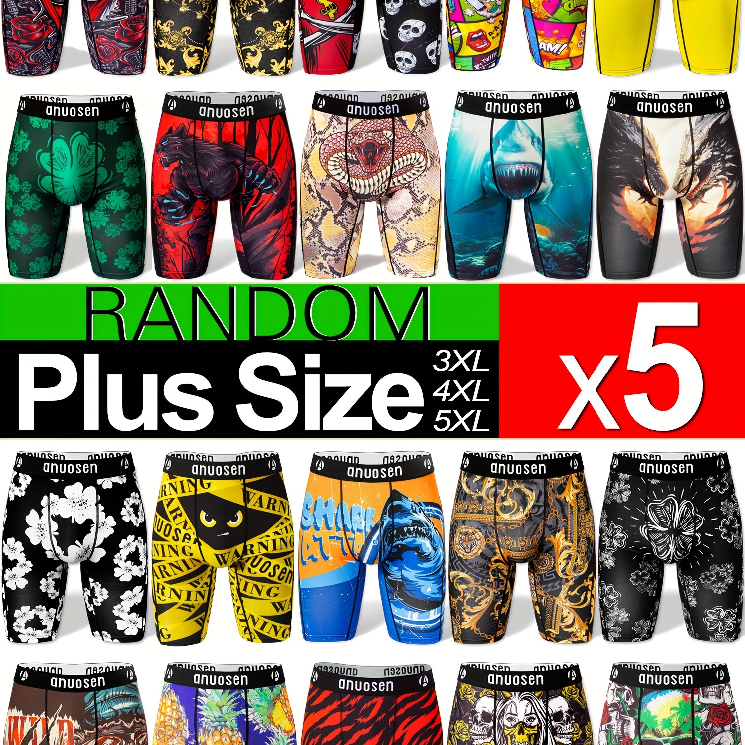 

5- Size Men's Long Boxer Briefs, Assorted Cartoon & Animal Prints, Moisture-wicking Polyester Knit Fabric, Medium Stretch, Fit Underwear For Running &