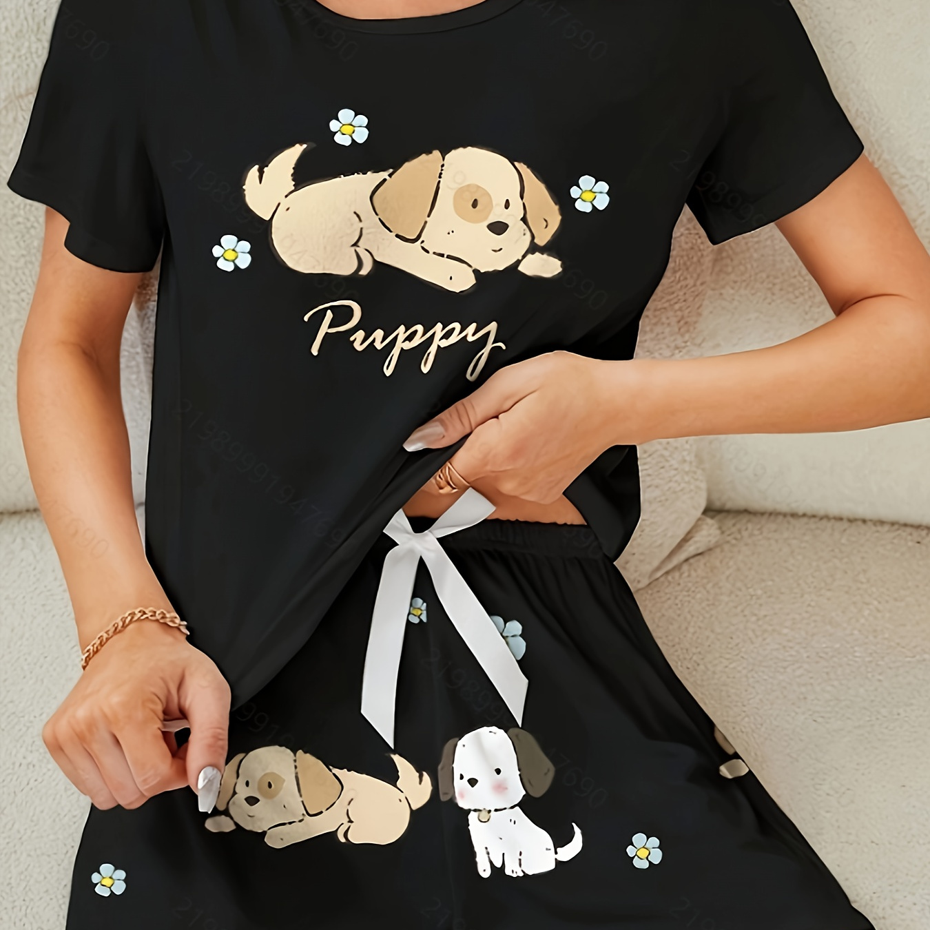 

Women's Cute Puppy Print Pajama Set Short Sleeve Crew Neck Knit Fabric Polyester 95%, Elastane 5% Animal Pattern Loungewear For All Seasons