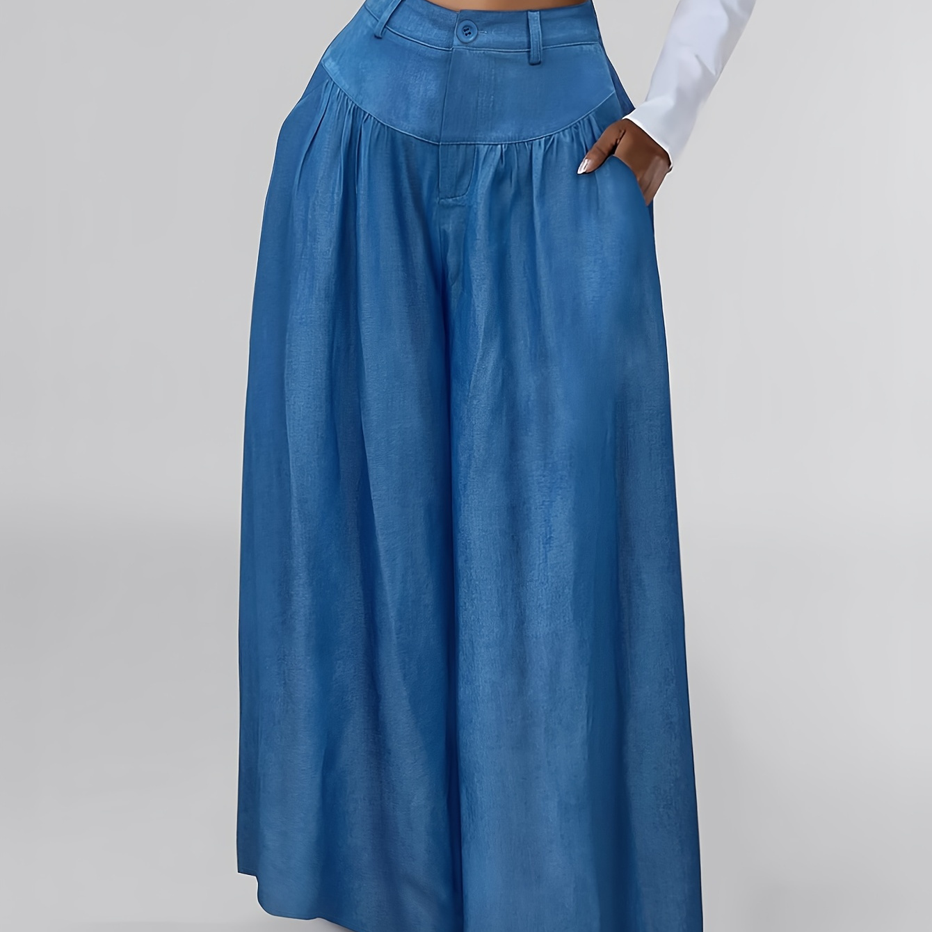 

Elegant High-waisted Wide Leg Palazzo Pants For Women With Pockets - 100% Polyester Solid Color Detail Trousers For Spring/summer/fall - Woven Adult Fashion