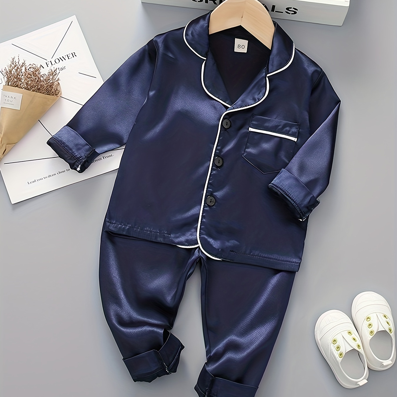 

Kid's Satin Pajamas 2pcs, Button Front Top & Solid Color Pants Set, Comfy Casual Pj Set, Toddler Boy's Loungewear