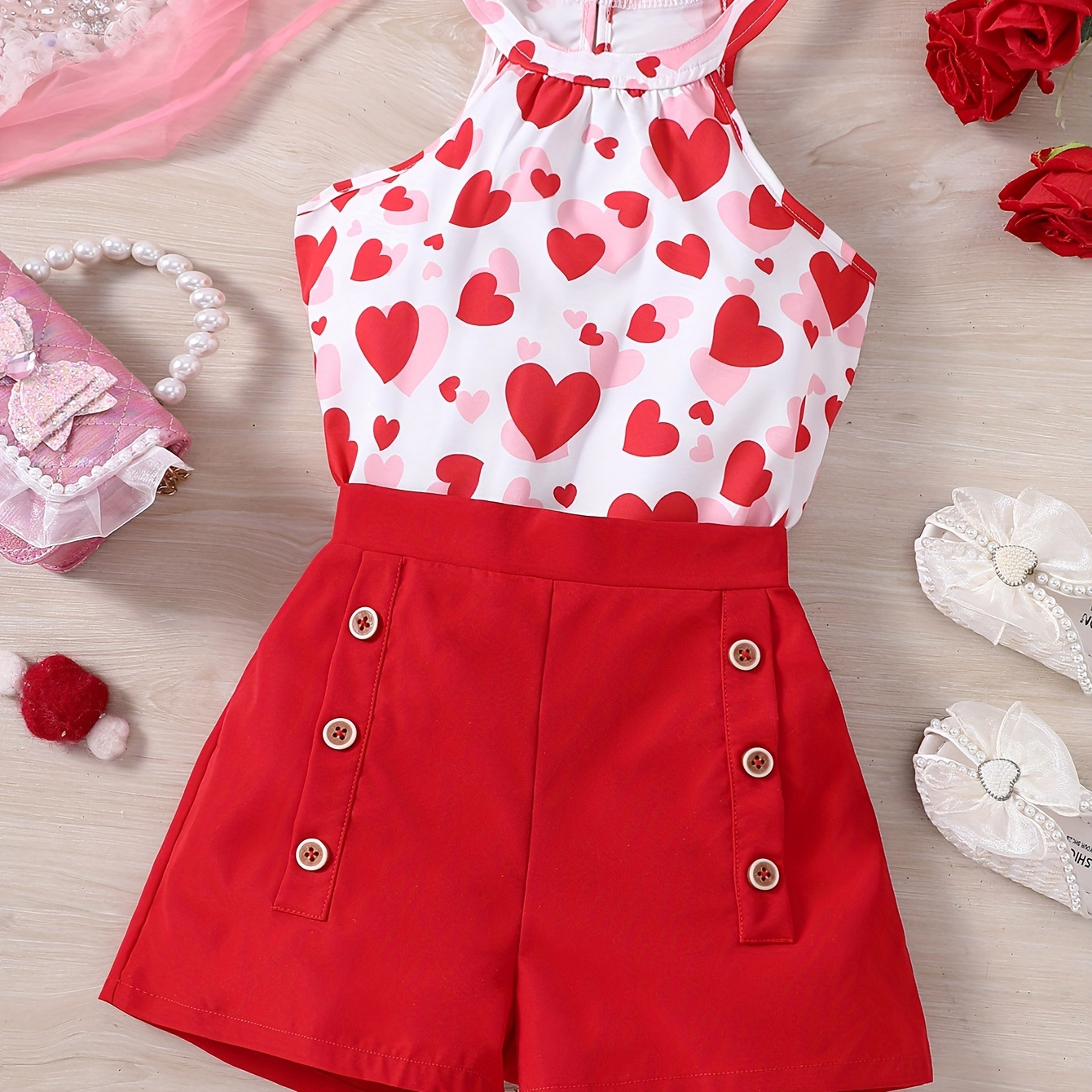 

Sweet Girls 2pcs Heart Graphic Hater Neck Sleeveless Top + Solid Button Decor Shorts Set For Summer Valentine's Day Gift