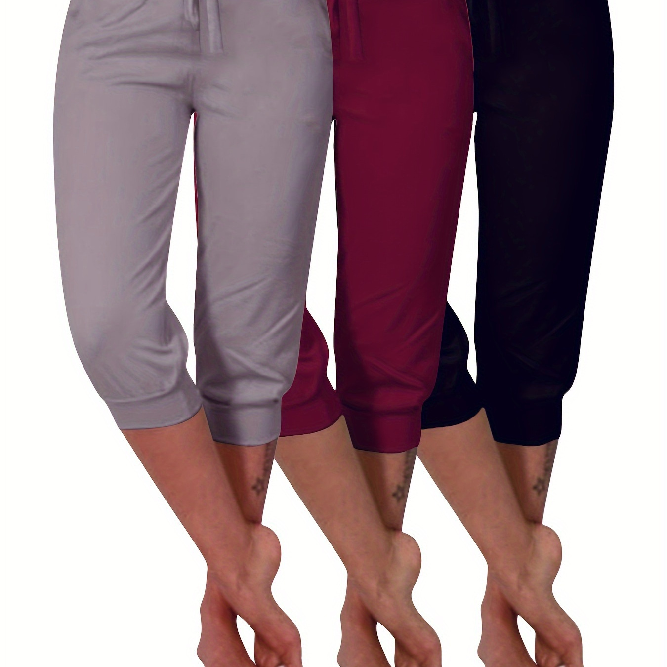 

3-pack Plus Size Women's Capri Yoga Pants, Plain Stretchy Drawstring Waist, Athletic Activewear