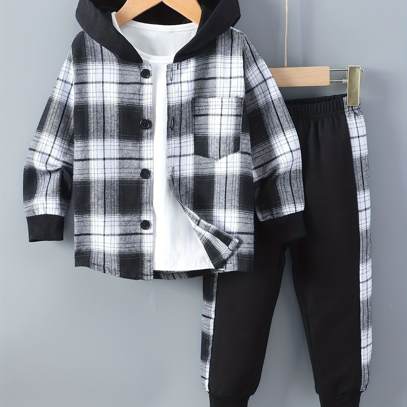 

2pcs Boys Casual Creative Long Sleeve Plaid Hooded Jacket&sweatpants Sets, Kids Clothes