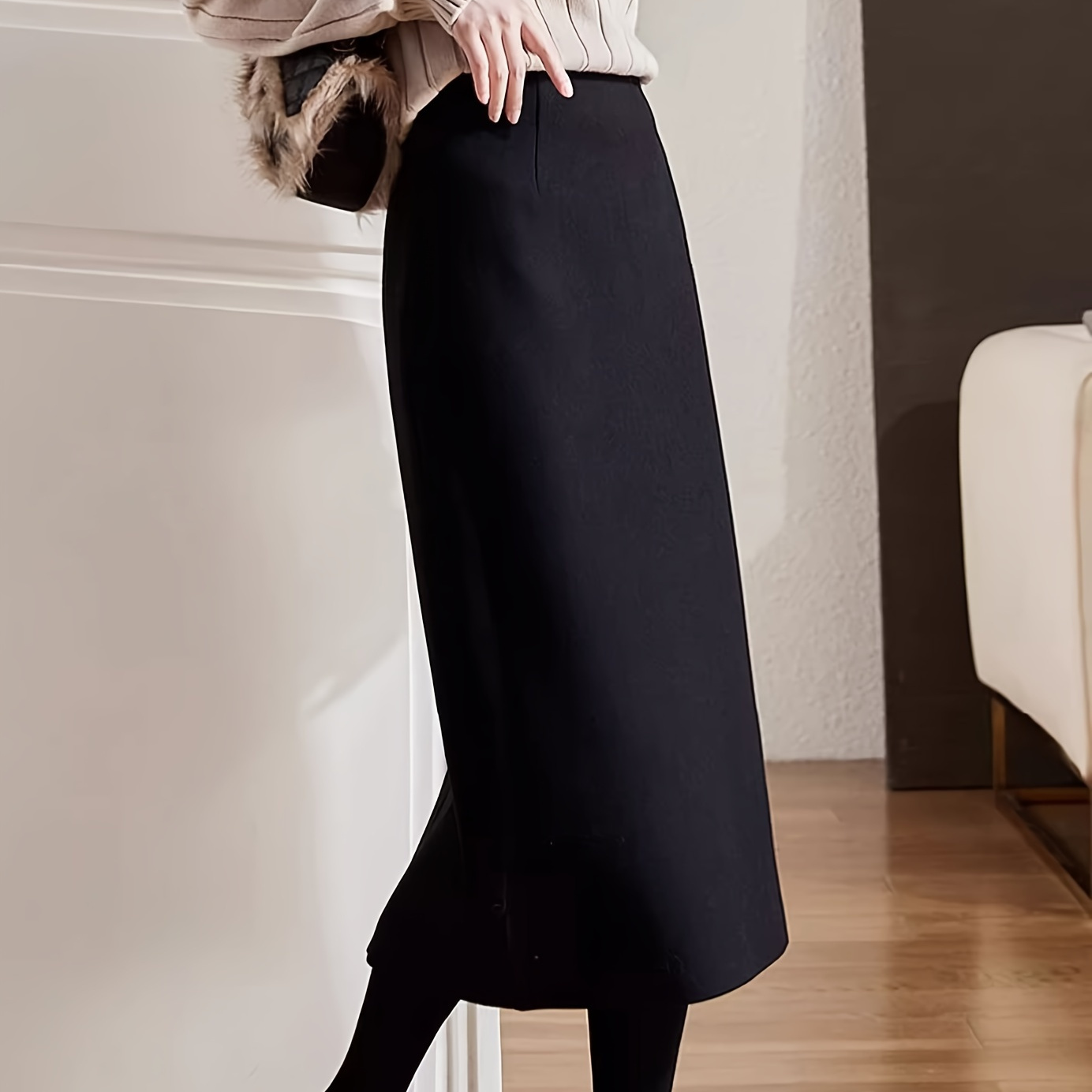 

Elegant High-waisted A-line Skirt With Back Split, Polyester (82.7% Polyester, 14.5% Viscose, 2.8% Elastane), Solid Color, Woven Fabric, For Fall/winter