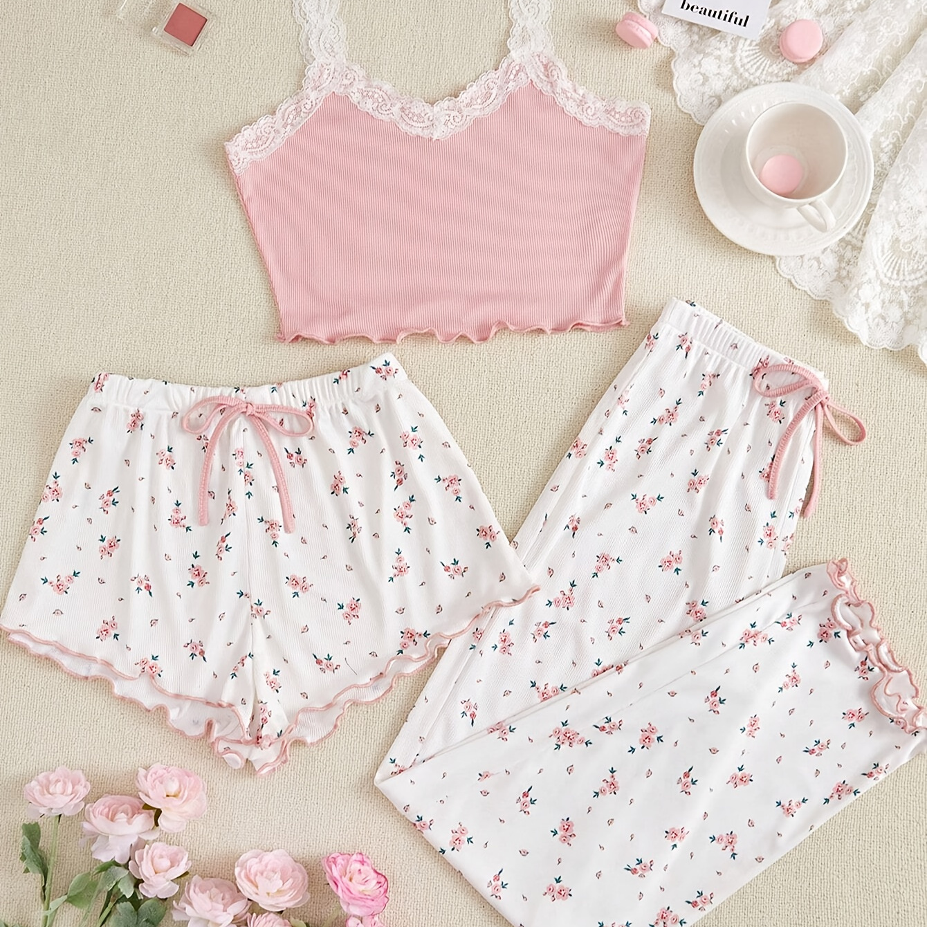 

3pcs Set Of Floral Print Lace Splicing Wave Suspender Pajama Set