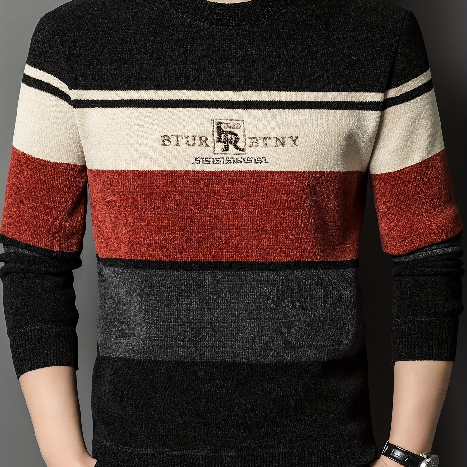 

Men's Winter Striped Crew Neck Sweater, Thickened Polyester, Casual Round Neck, Regular Fit, Long Sleeve, Knitted Pullover With Ribbed Hem And Cuffs, Fashionable Letter Pattern, Winter Top