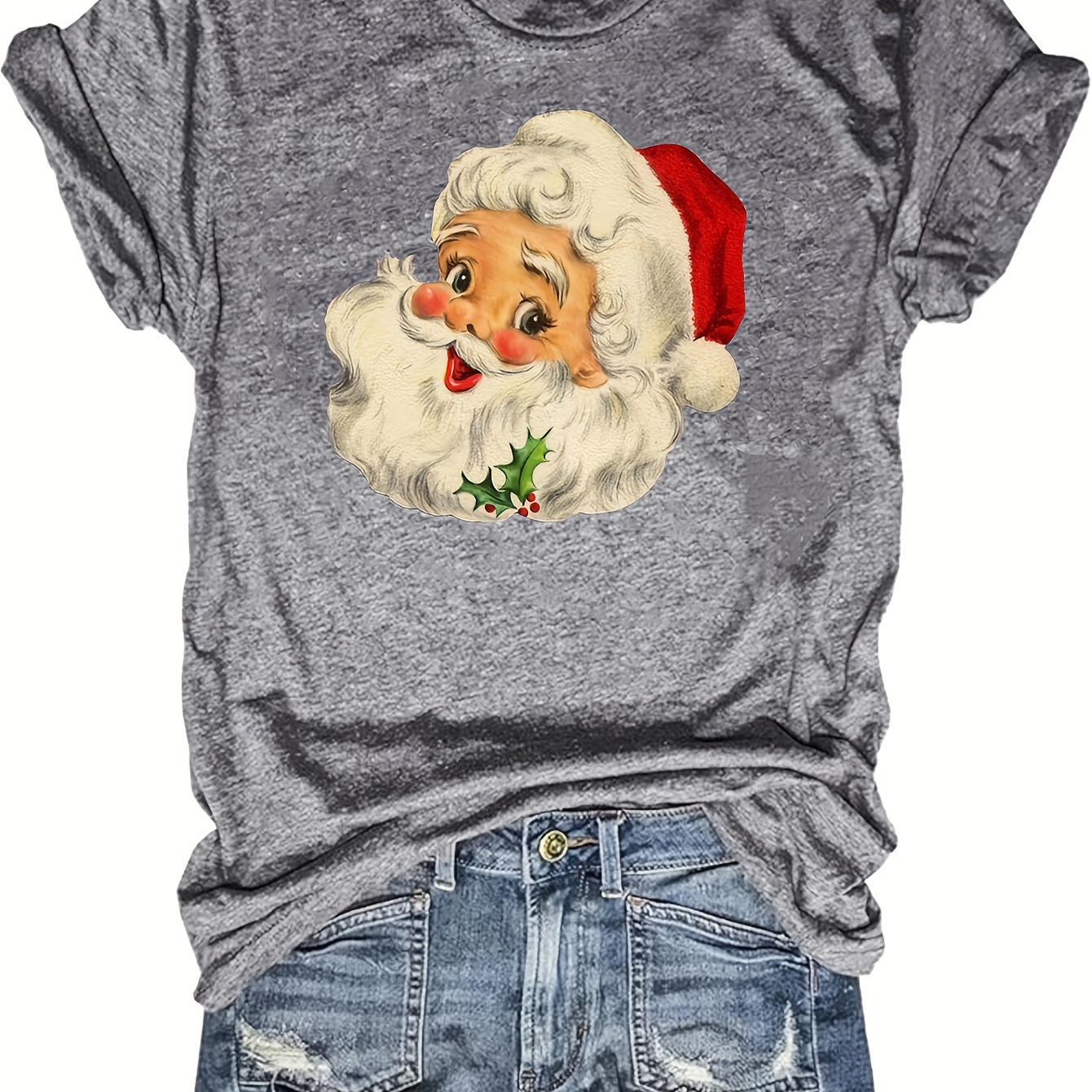 

Christmas Santa Print Crew Neck T-shirt, Cute Short Sleeve T-shirt For Spring & Summer, Women's Clothing