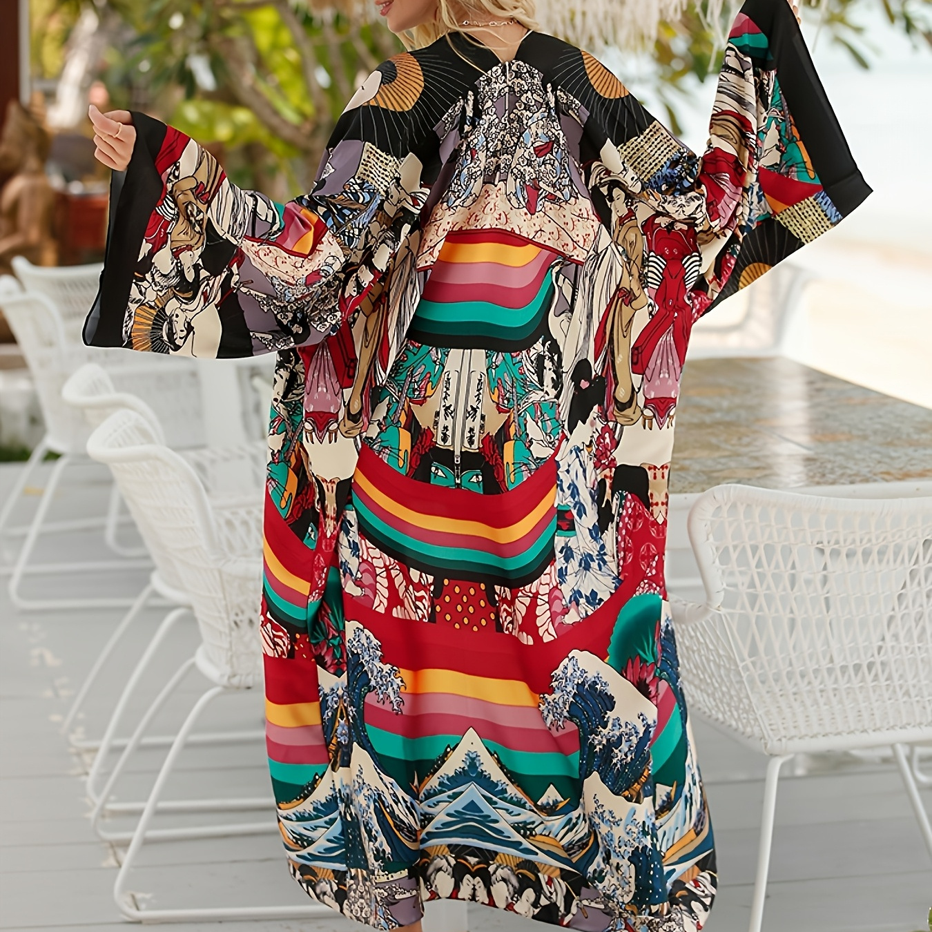 

Chic Long Sleeve Kimono Cardigan - Vibrant Tribal Print, Open Front Beach Cover-up, Lightweight Polyester Dress For Women, Beach Dress