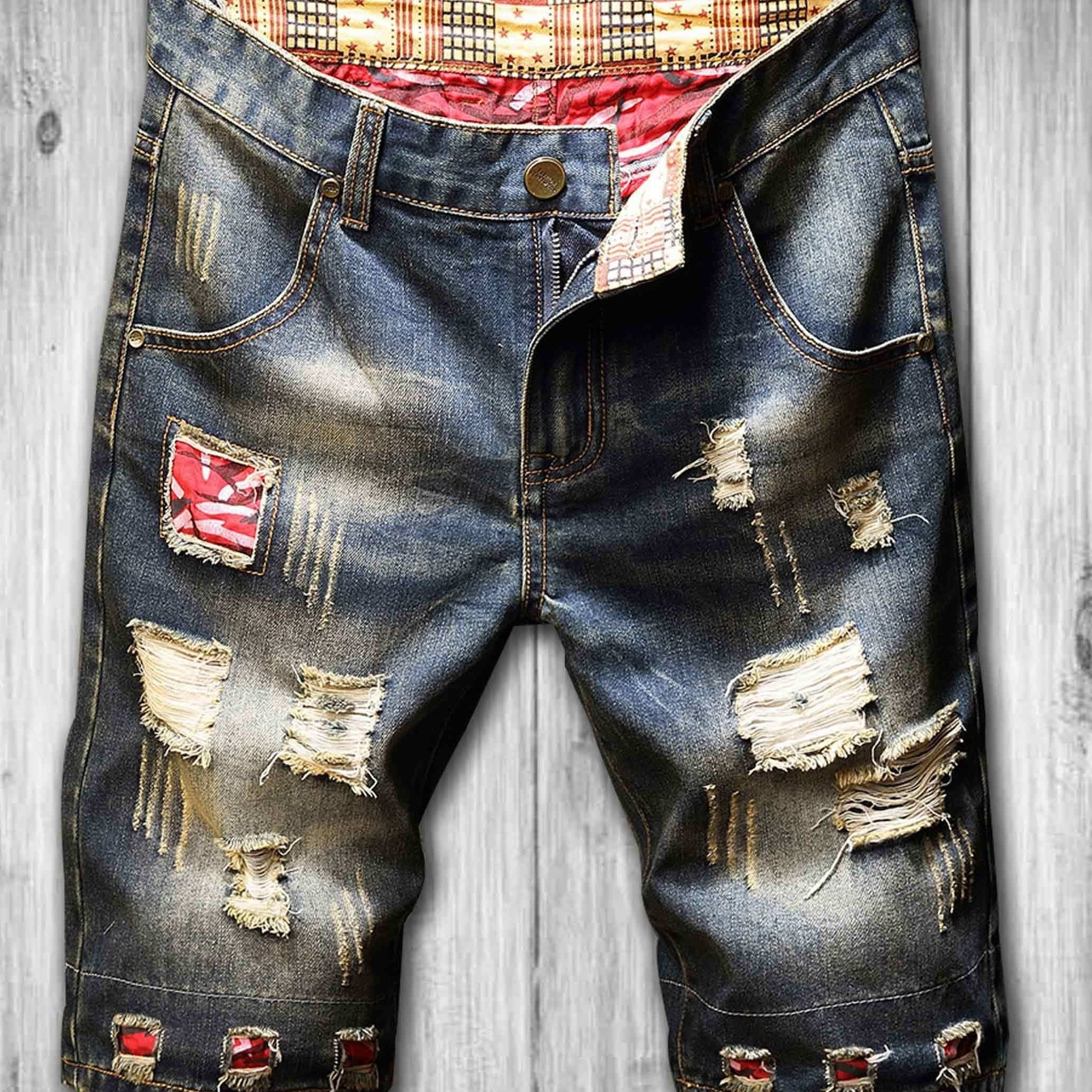 Men's Stylish Ripped Jeans Vintage Sky Blue Straight Fit Shorts For Summer