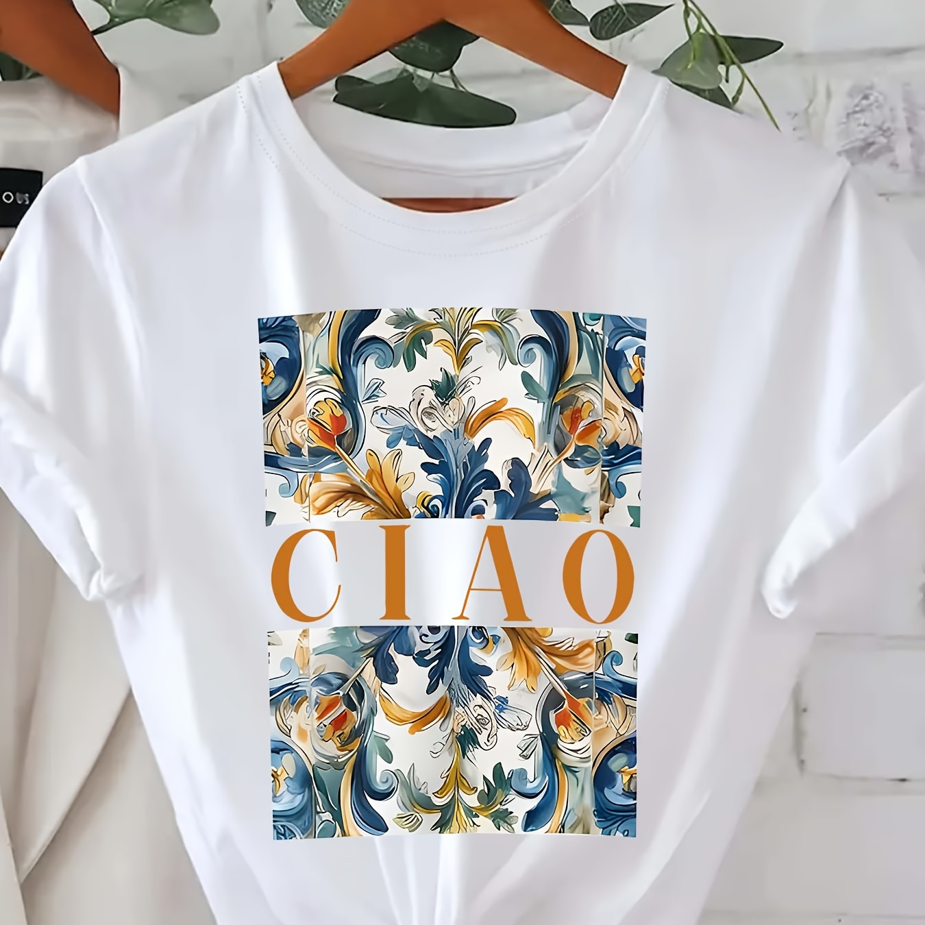 

Ciao Letter Print T-shirt, Short Sleeve Crew Neck Casual Top For Summer & Spring, Women's Clothing