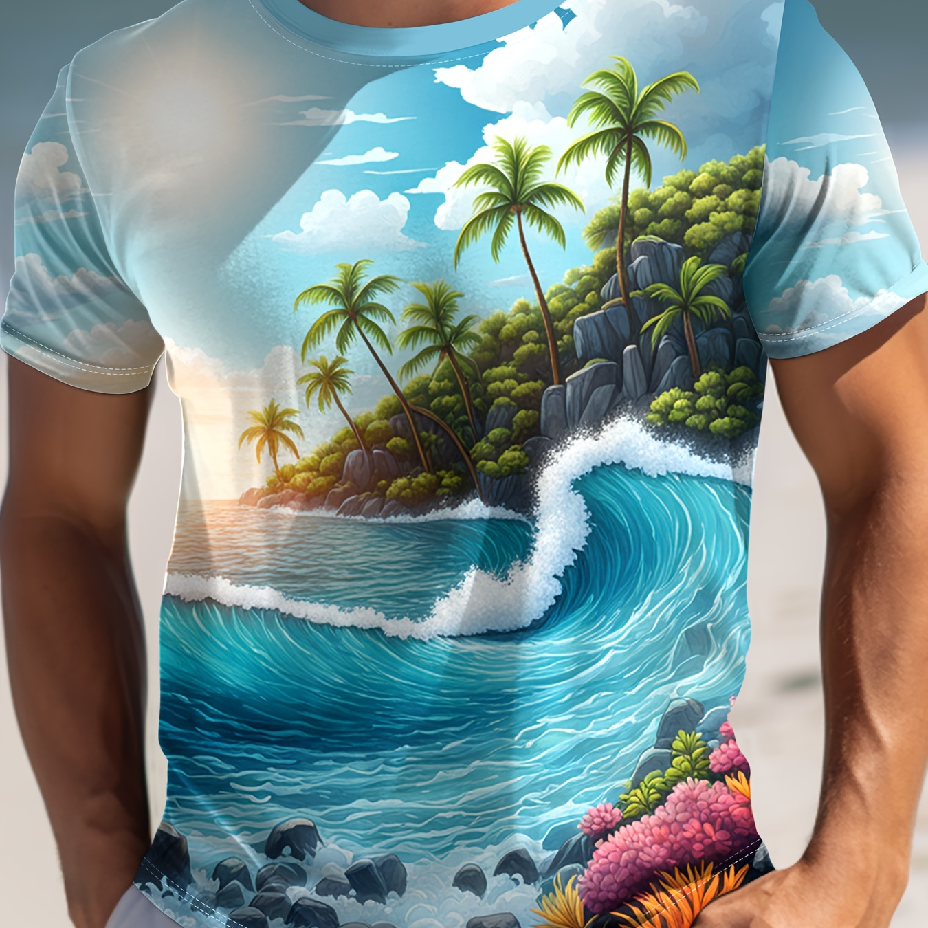 

Men's Sea Print T-shirt, Casual Short Sleeve Crew Neck Tee, Men's Clothing For Outdoor