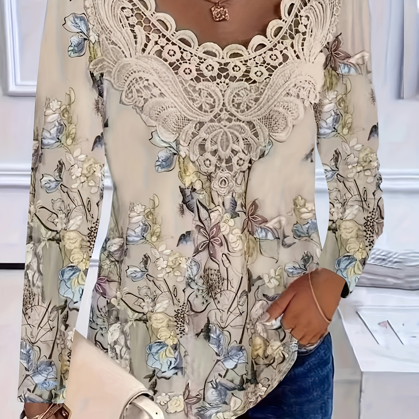 

1pc Women's Floral Print Long Sleeve Top With Lace Detail, Crew Neck Polyester Knit Pullover For Spring/fall - Regular Fit