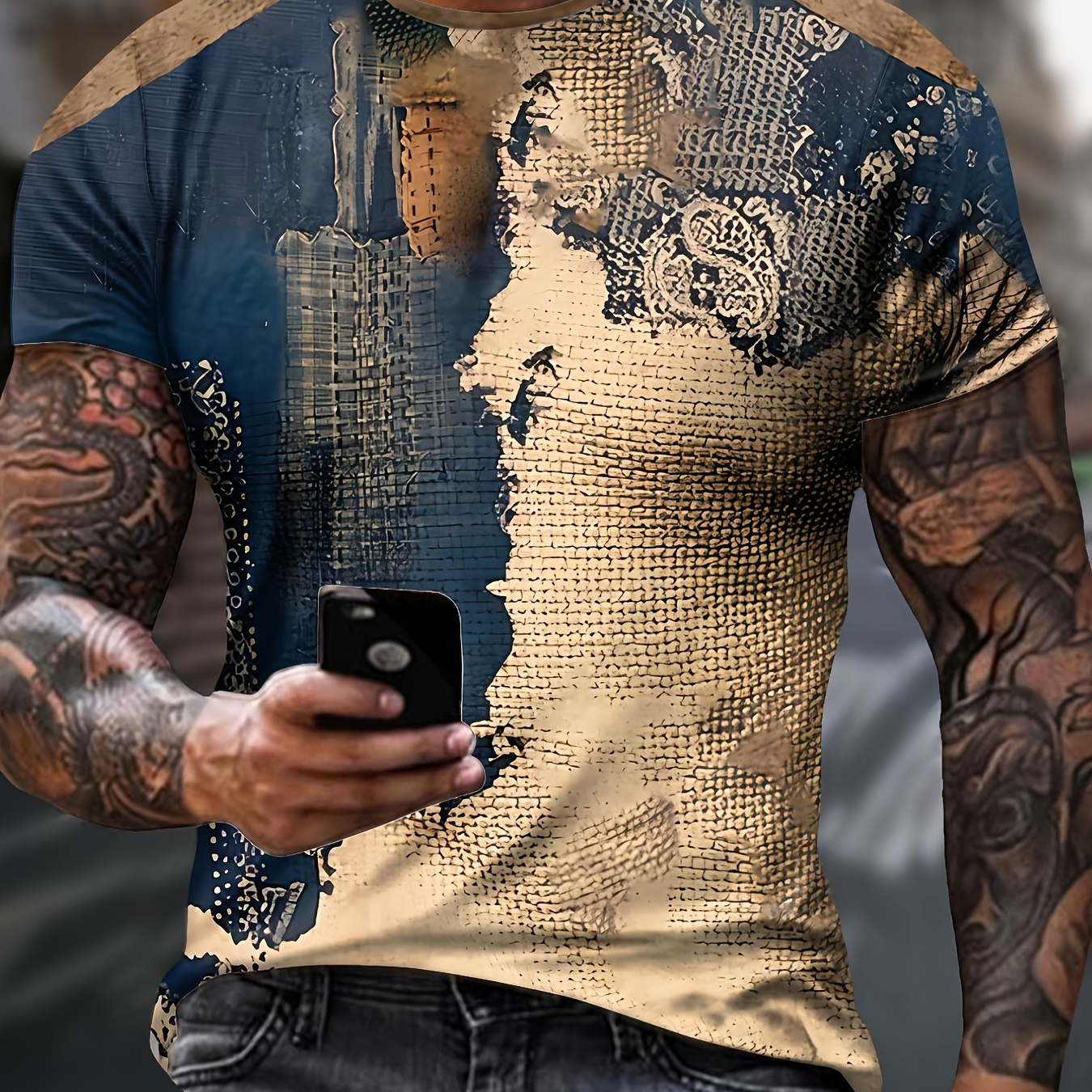 

Men's Ethnic Style Geometric Graphic Pattern And Paint Mark Print Crew Neck And Short Sleeve T-shirt, Casual And Stylish Tops For Summer Outdoors And Sports Wear