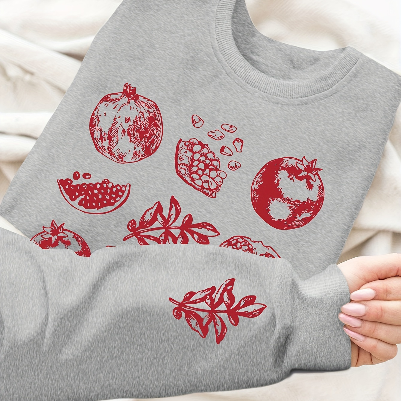 

Pomegranate Print Sweatshirt, Crew Neck Casual Sweatshirt For Winter & Fall, Women's Clothing