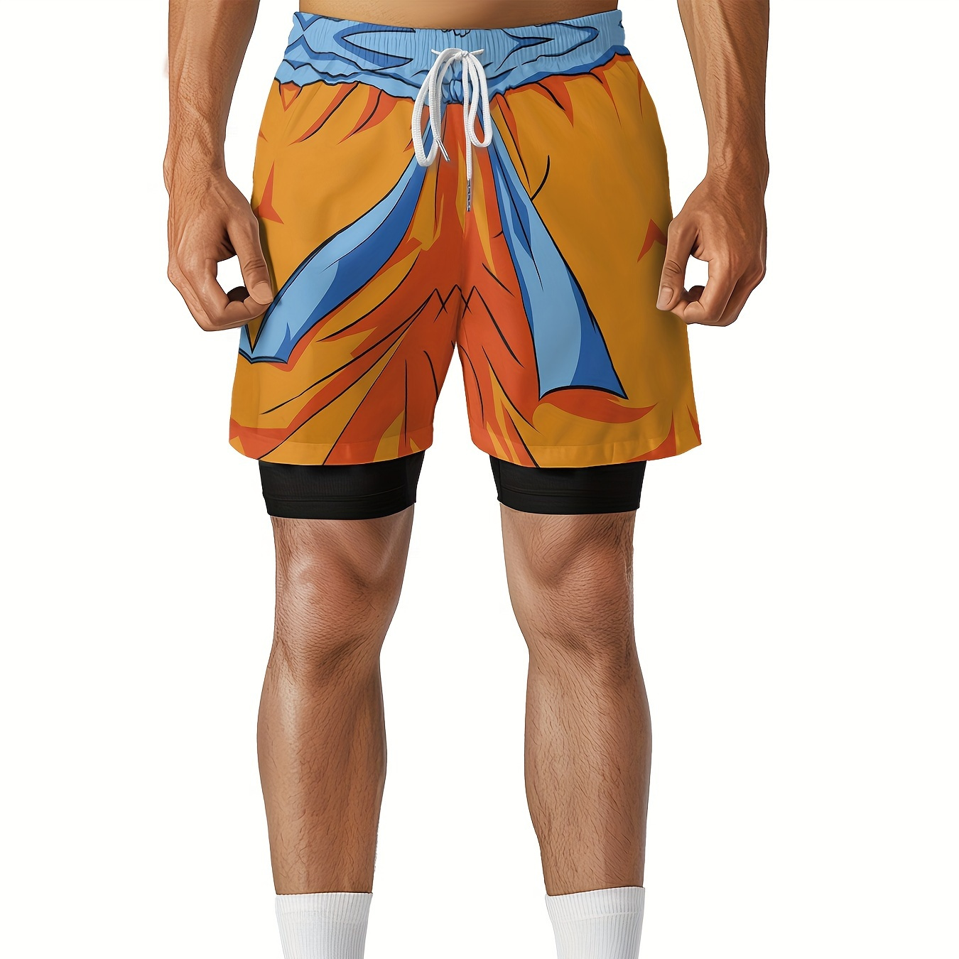 

2024 New Original Men's 2 In 1 Outdoor Sports Double Layer Fabric Casual Shorts Yellow Simple Digital Print Basketball Pants Fashion Streetwear Lined Quick-drying Training Pants